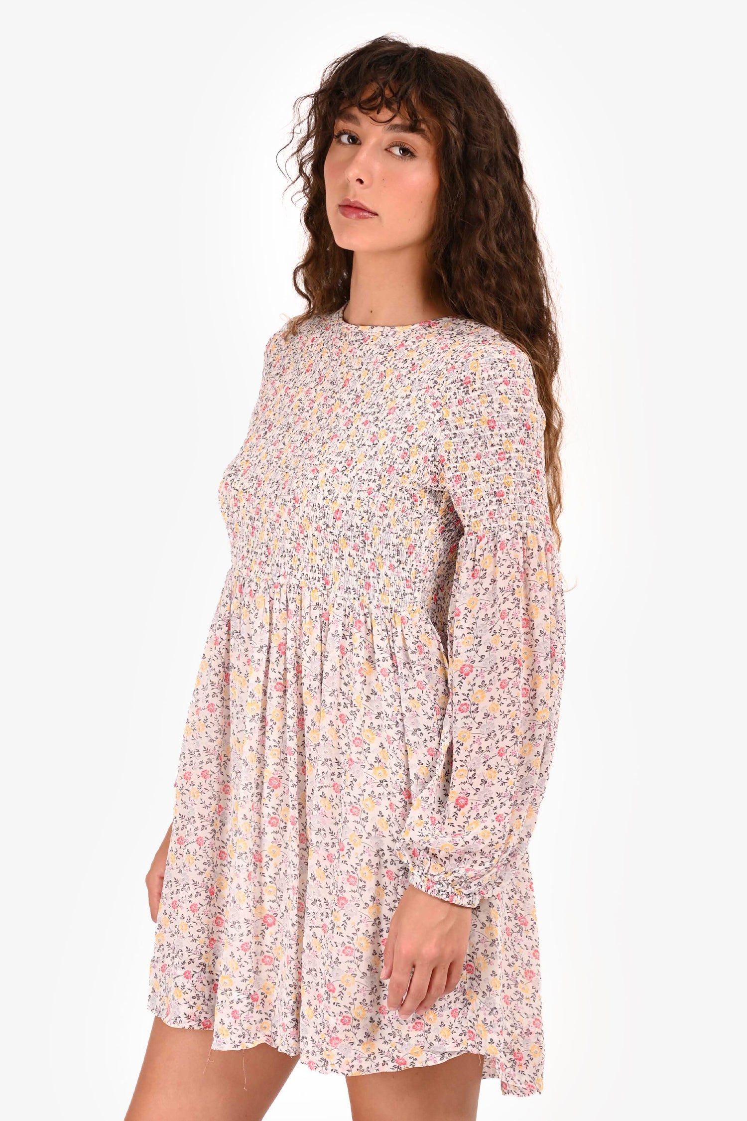 Ganni Yellow/White Floral Print Ruched Long Sleeve Mini Dress Size 36