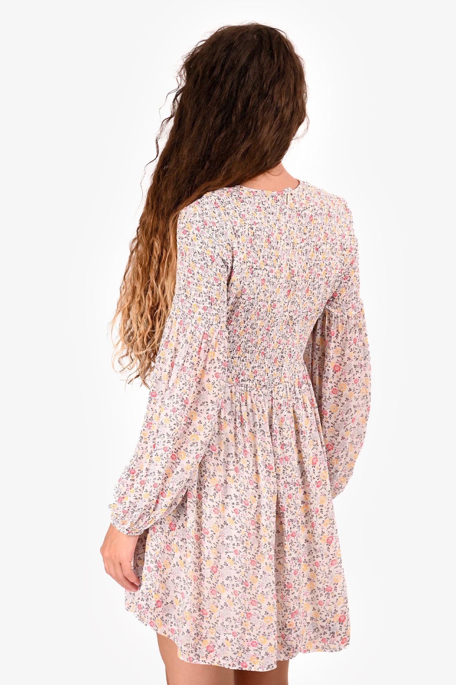 Ganni Yellow/White Floral Print Ruched Long Sleeve Mini Dress Size 36