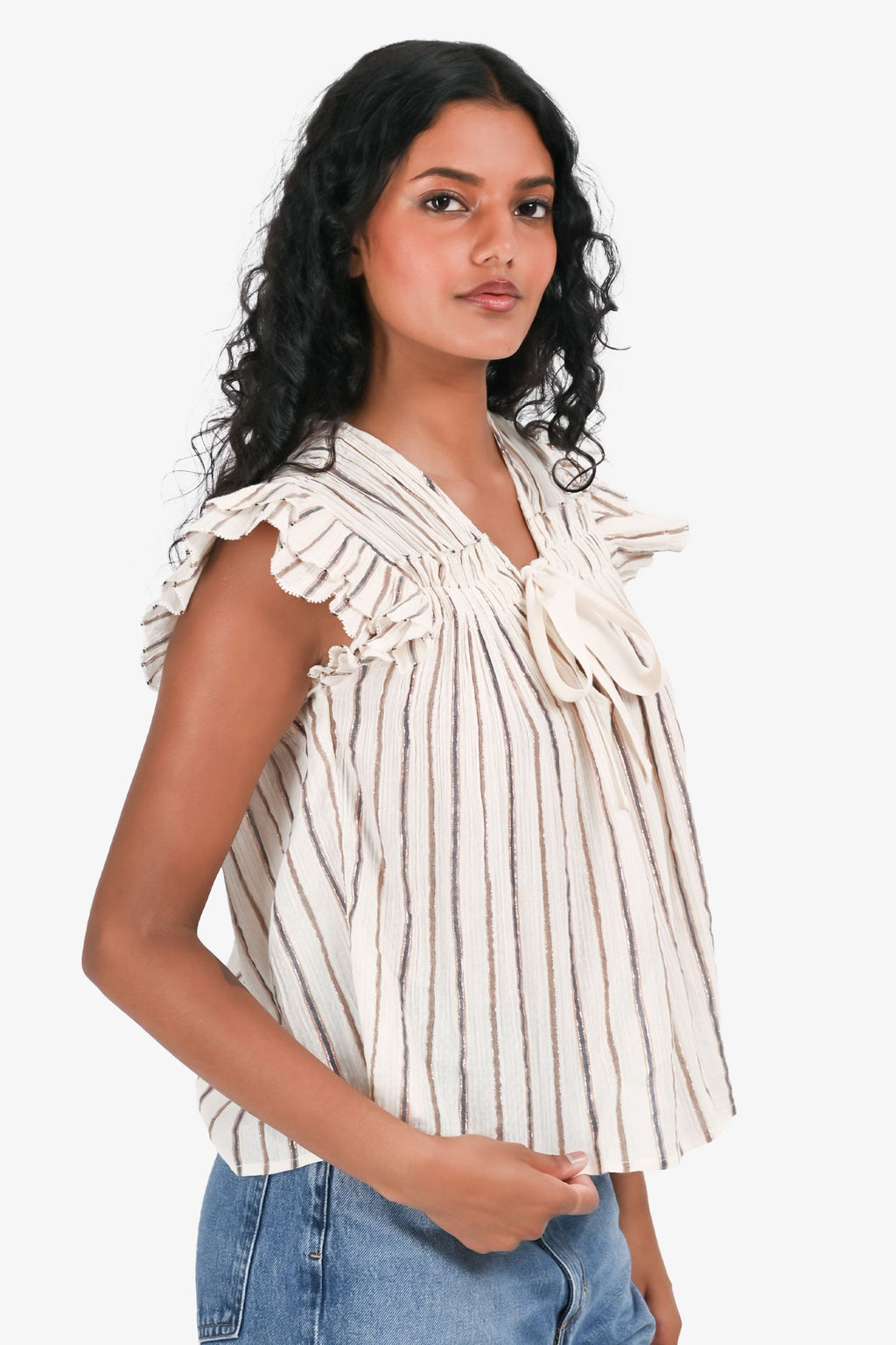 Ulla Johnson Cream/Brown/Blue Metallic Striped Top Size XS