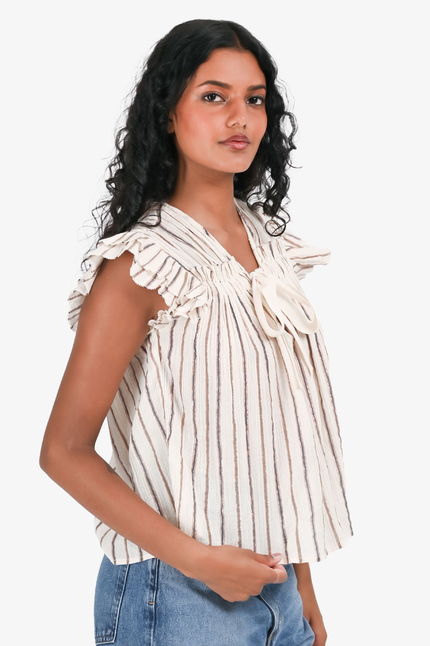 Ulla Johnson Cream/Brown/Blue Metallic Striped Top Size XS
