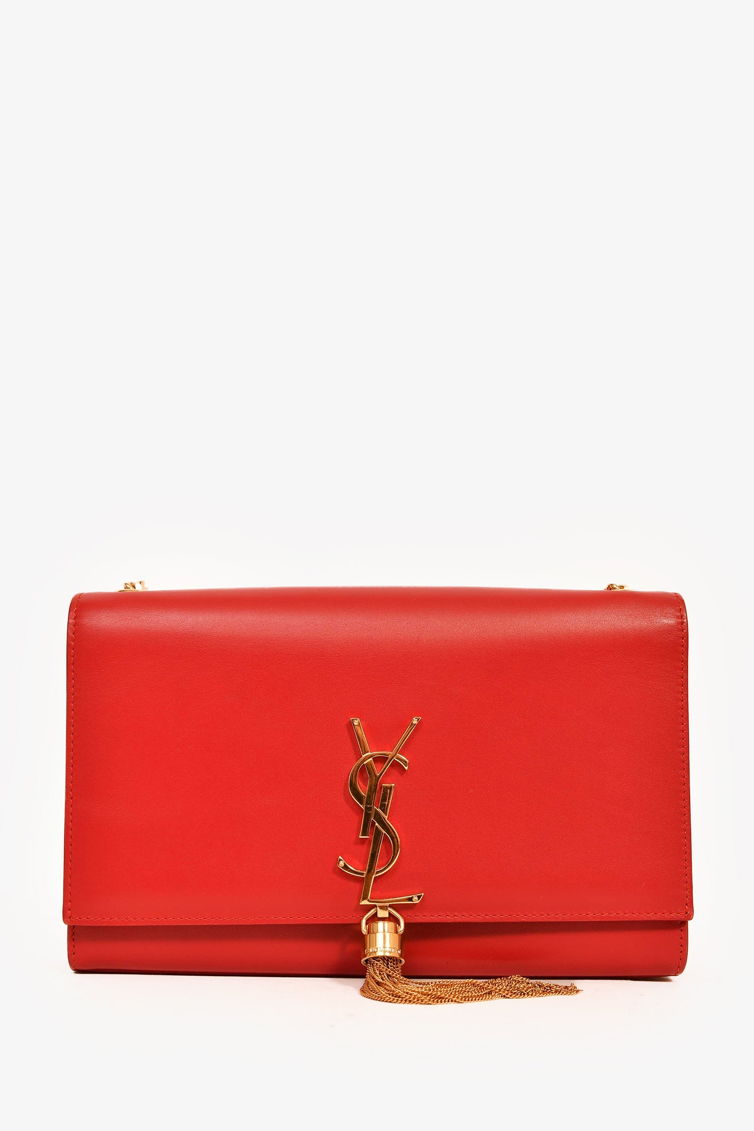 Saint Laurent Red Leather Medium Kate Tassel Bag on Chain
