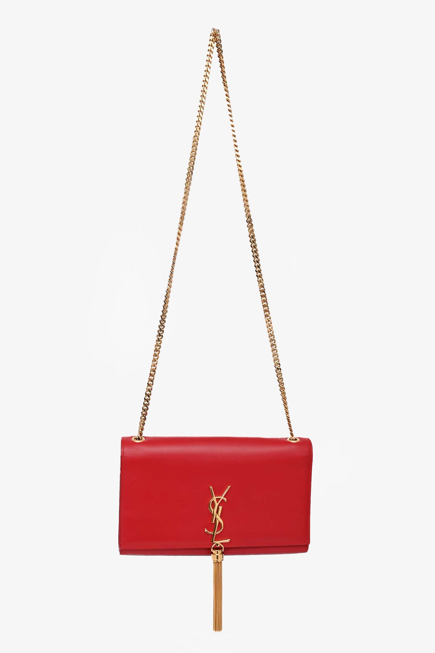 Saint Laurent Red Leather Medium Kate Tassel Bag on Chain