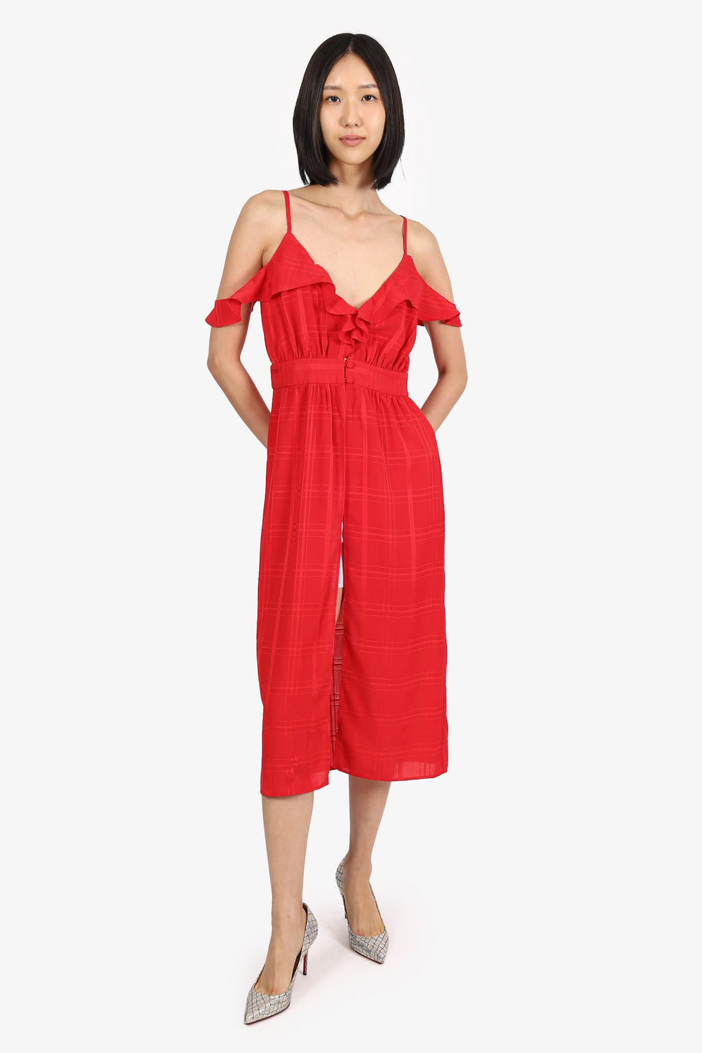 Lovers + Friends Red Ruffle Midi Dress Size S