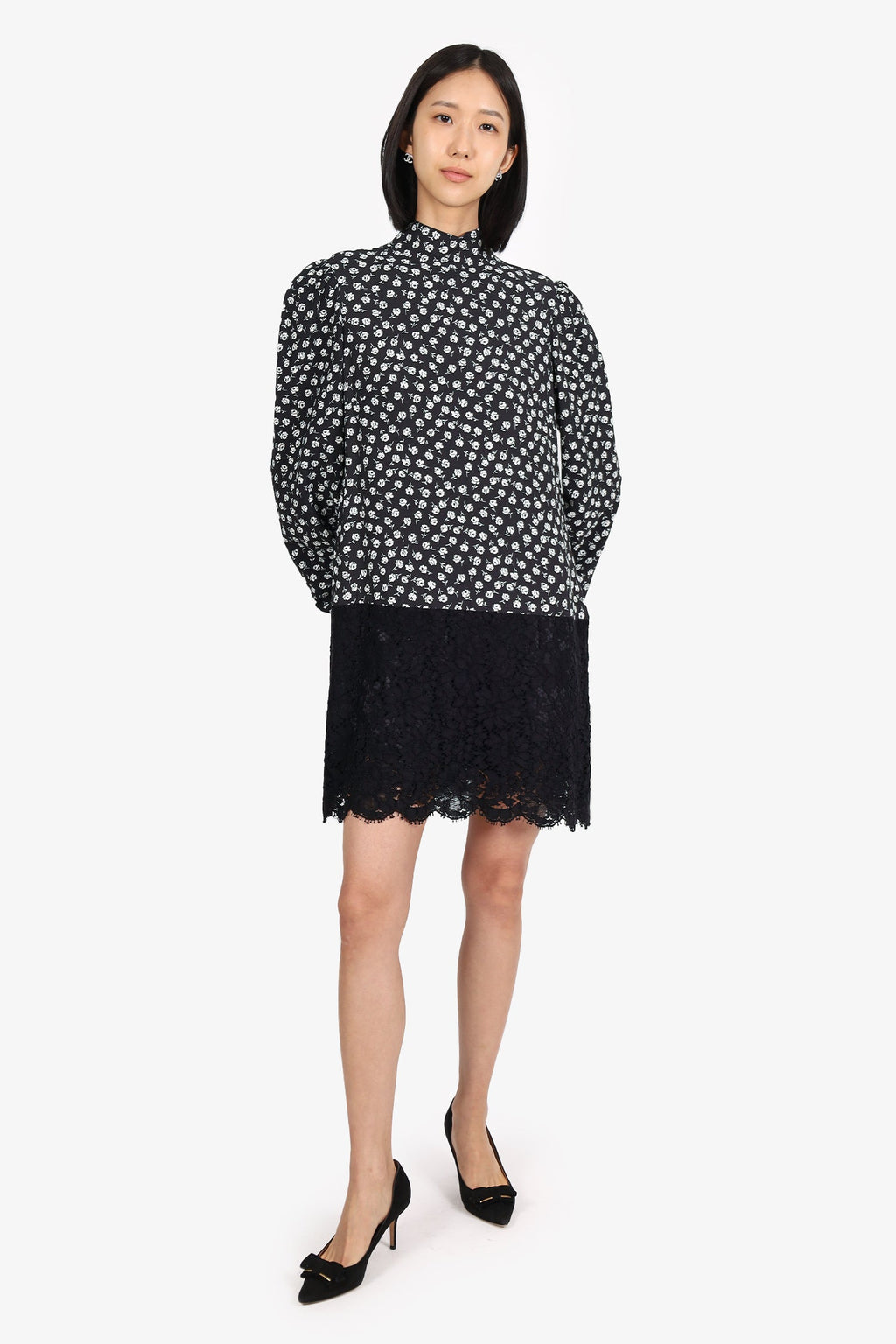 Dolce & Gabbana Black Lace Detail Long Sleeve Floral Dress Size 46