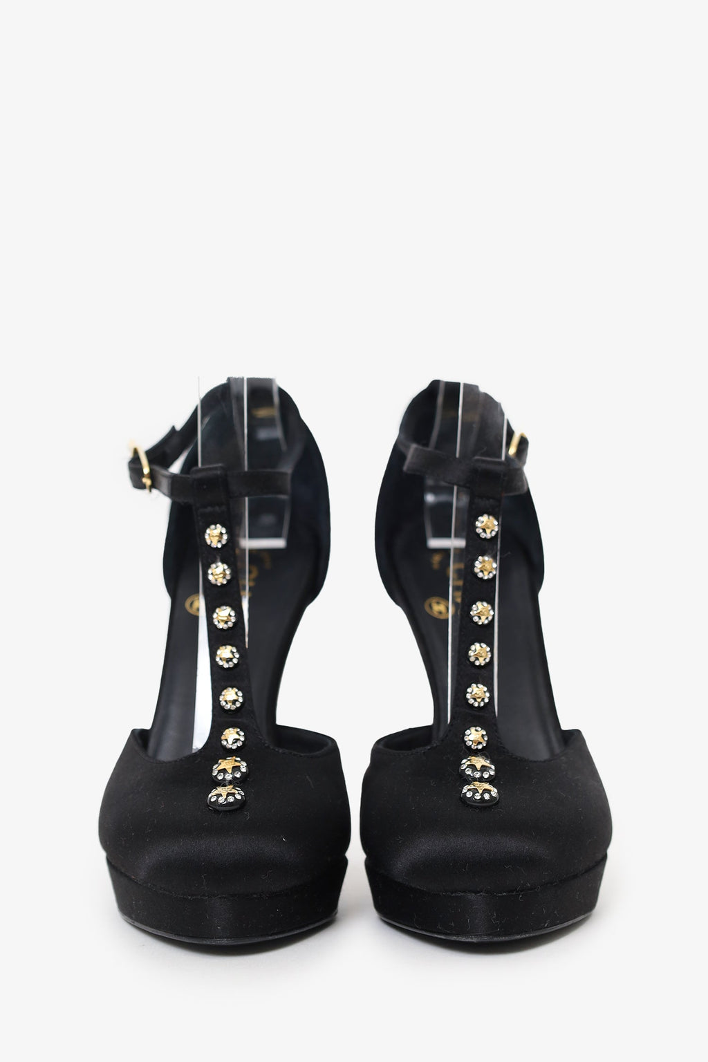 Pre-Loved Chanel™ Black Satin Crystal Star Embellished T-Strap CC Platform Pumps Size 36