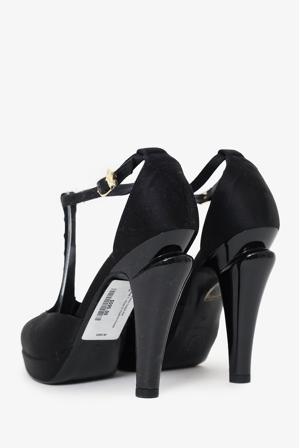 Pre-Loved Chanel™ Black Satin Crystal Star Embellished T-Strap CC Platform Pumps Size 36