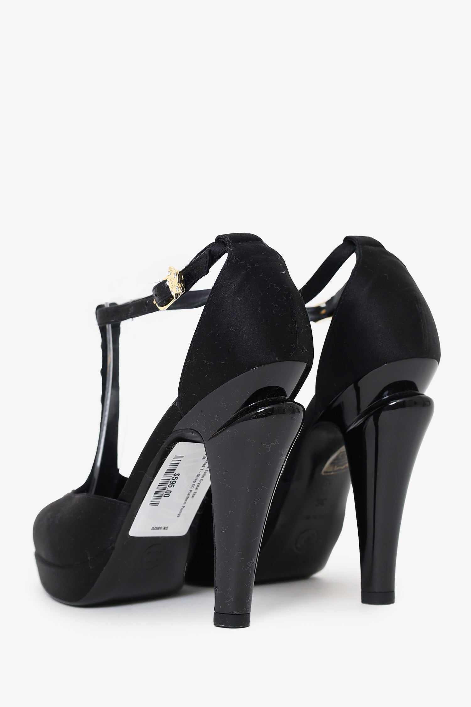 Pre-Loved Chanel™ Black Satin Crystal Star Embellished T-Strap CC Platform Pumps Size 36