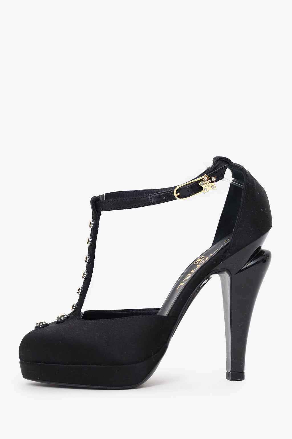 Pre-Loved Chanel™ Black Satin Crystal Star Embellished T-Strap CC Platform Pumps Size 36