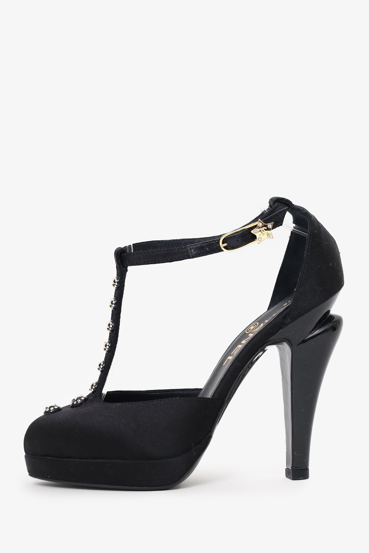 Pre-Loved Chanel™ Black Satin Crystal Star Embellished T-Strap CC Platform Pumps Size 36