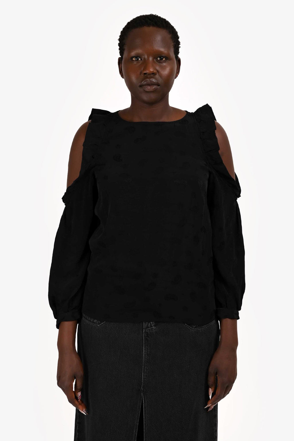Maje Black Ruffle Cold Shoulder Top Size 3