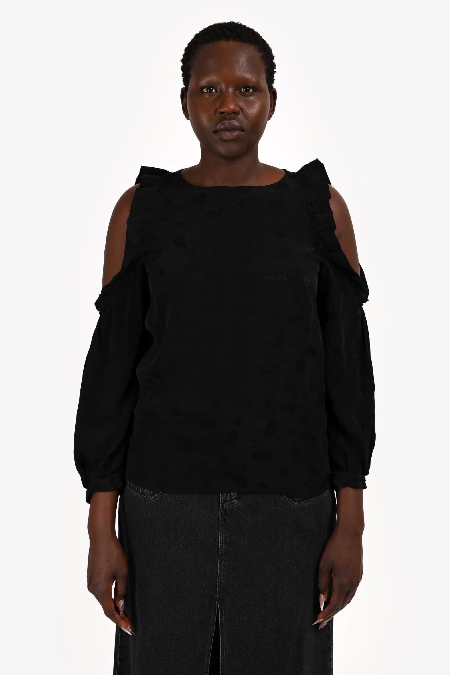 Maje Black Ruffle Cold Shoulder Top Size 3