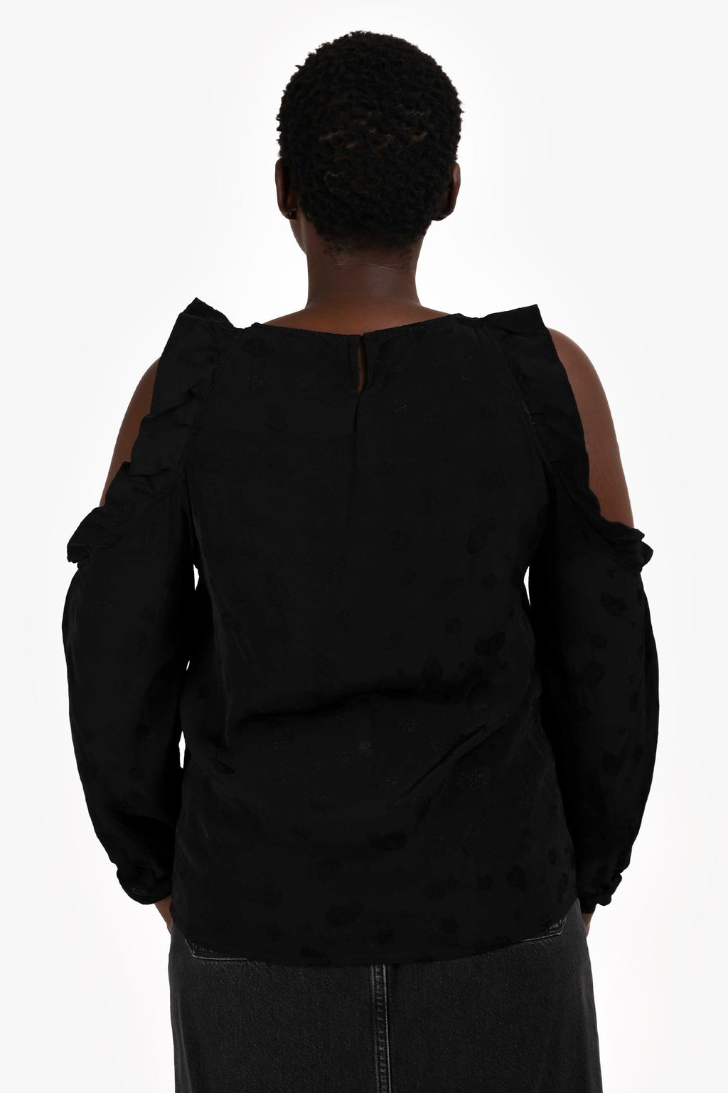 Maje Black Ruffle Cold Shoulder Top Size 3