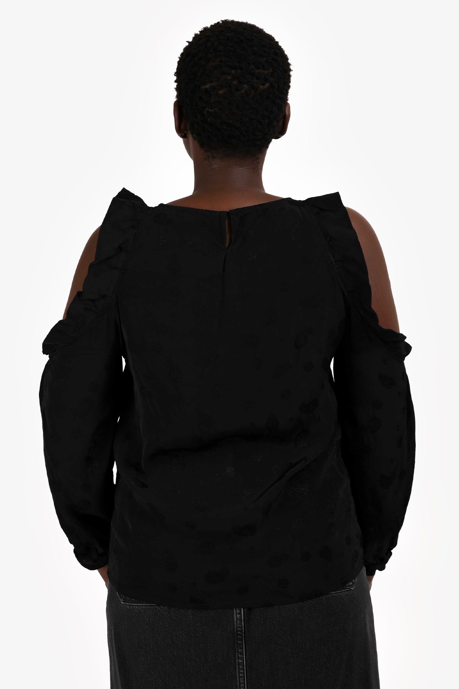 Maje Black Ruffle Cold Shoulder Top Size 3