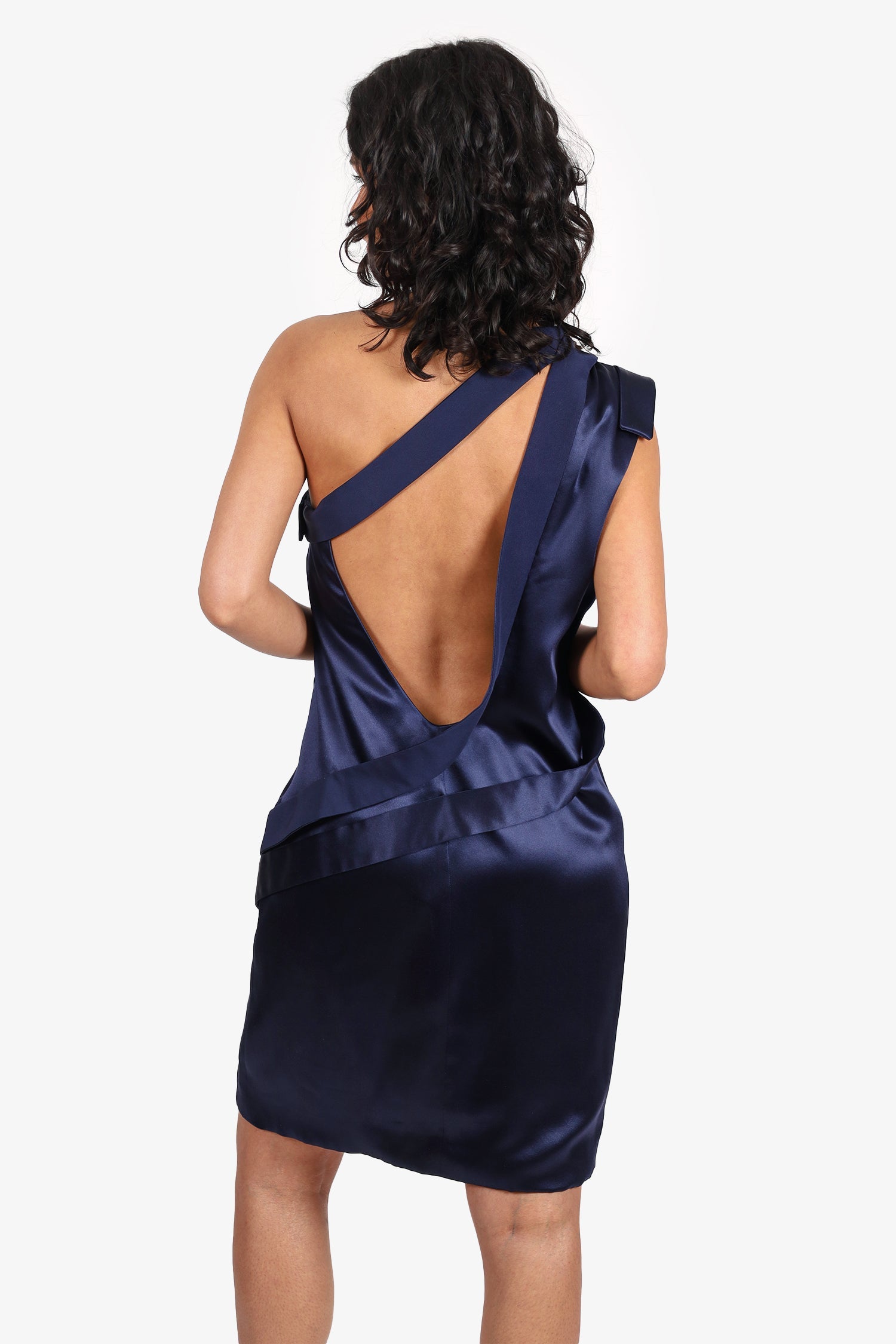 Versace Navy Blue Silk One-Shoulder Mini Dress Size 40
