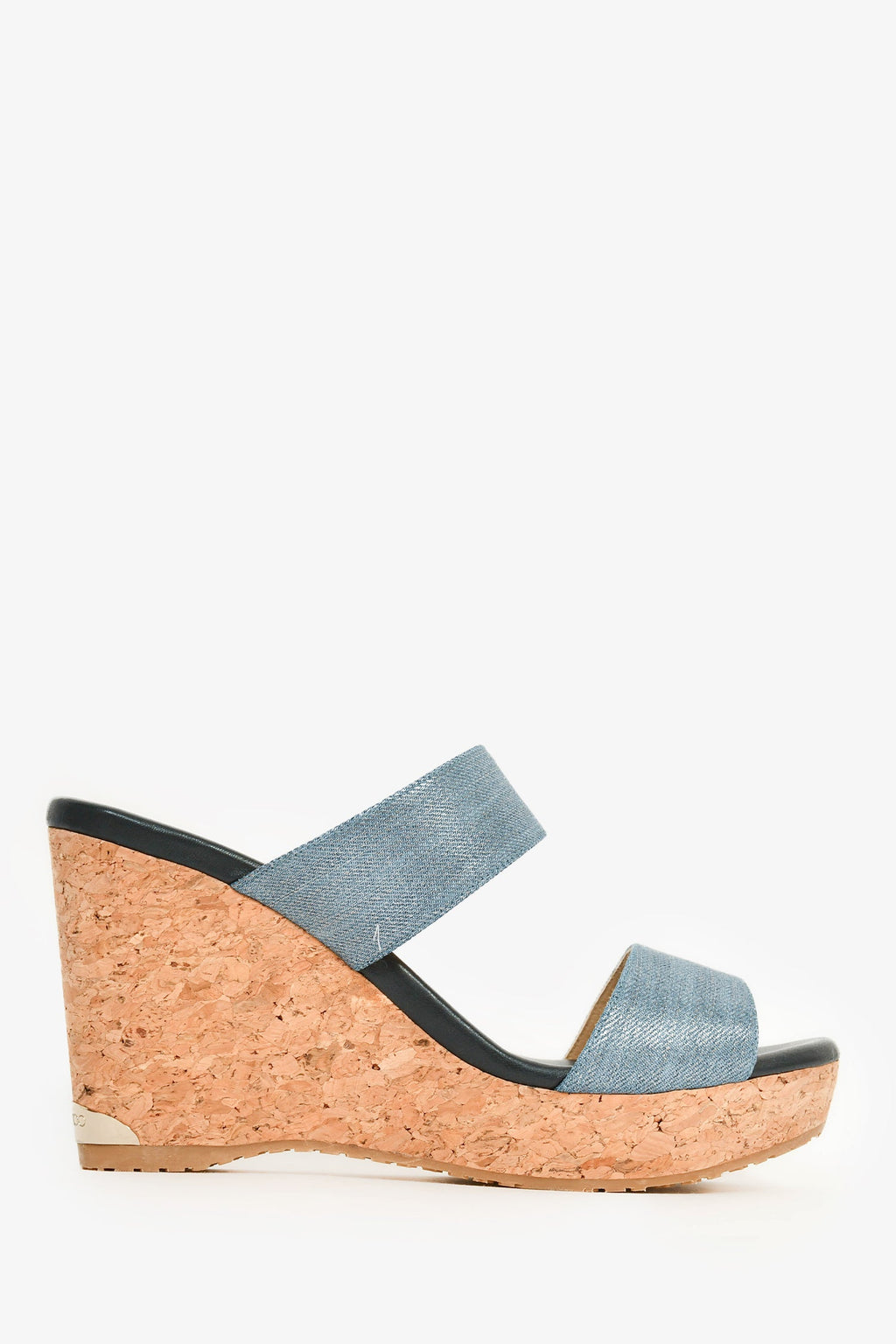 Jimmy Choo Blue/Brown Coated Canvas/Cork Wedge Sandals Size 38.5