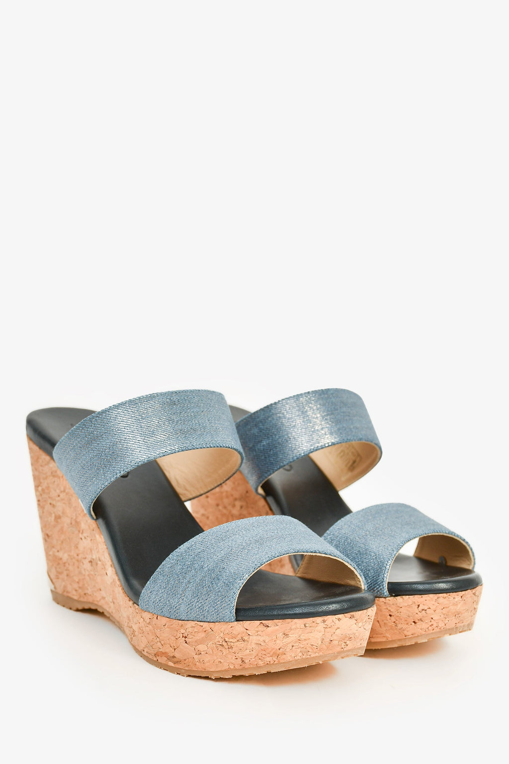 Jimmy Choo Blue/Brown Coated Canvas/Cork Wedge Sandals Size 38.5