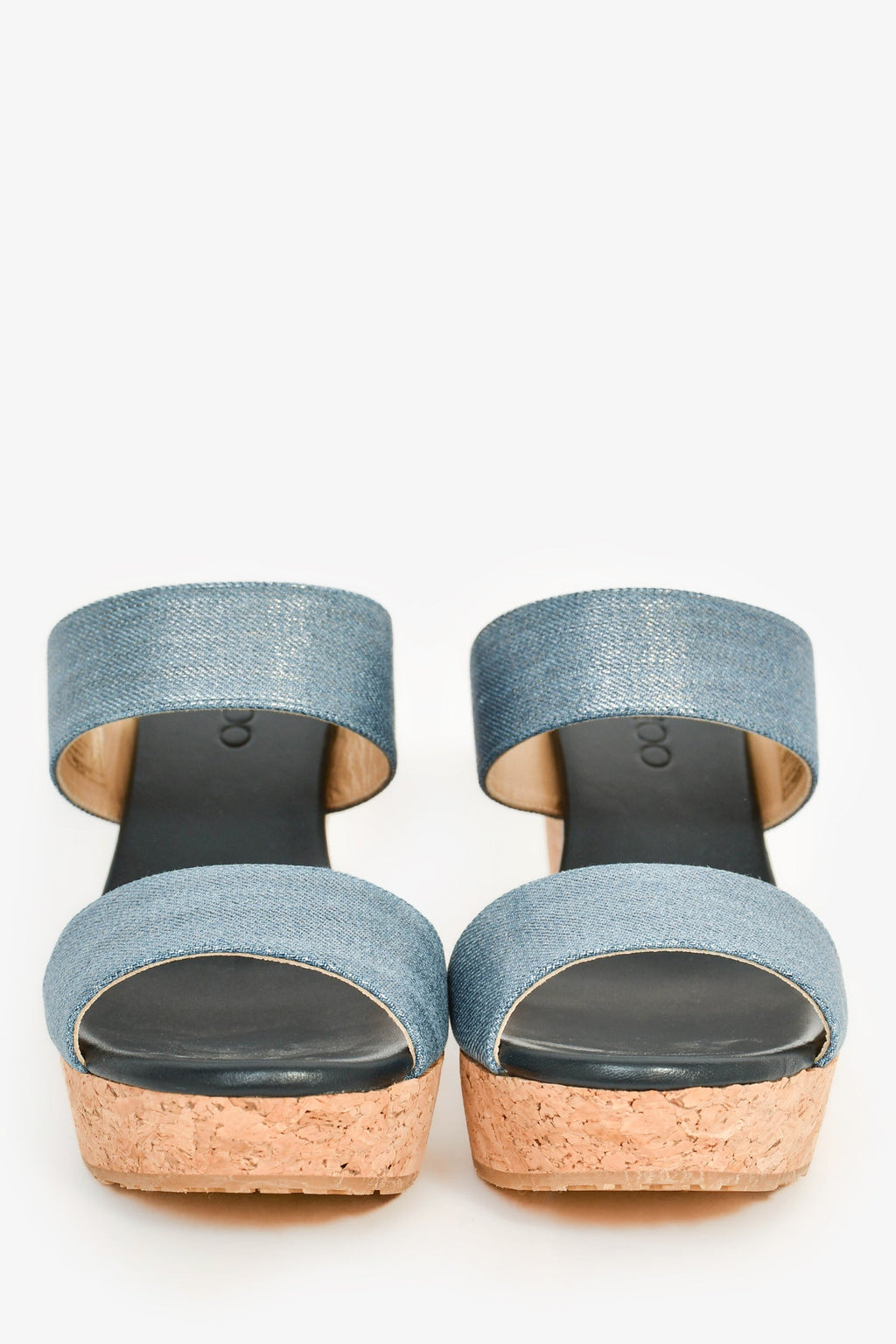 Jimmy Choo Blue/Brown Coated Canvas/Cork Wedge Sandals Size 38.5