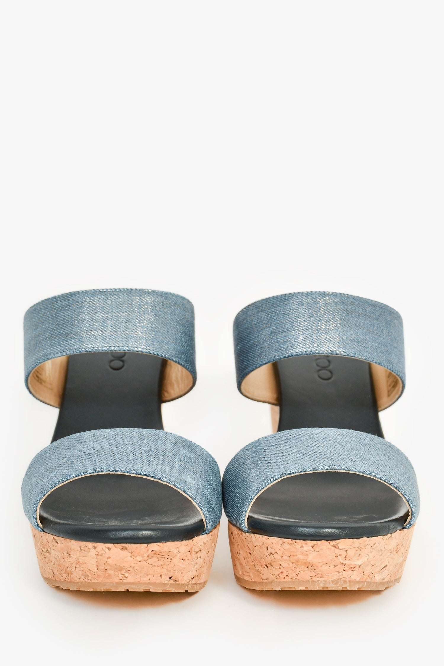 Jimmy Choo Blue/Brown Coated Canvas/Cork Wedge Sandals Size 38.5