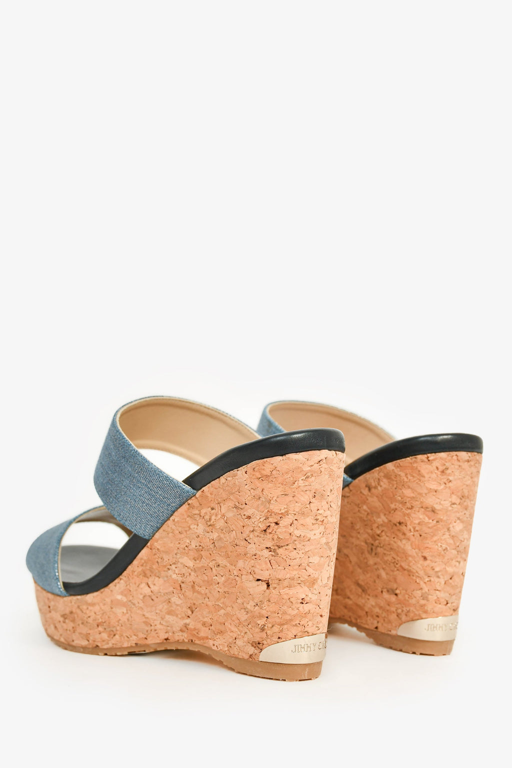 Jimmy Choo Blue/Brown Coated Canvas/Cork Wedge Sandals Size 38.5