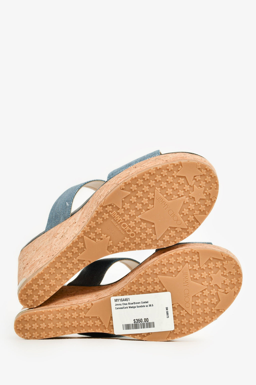 Jimmy Choo Blue/Brown Coated Canvas/Cork Wedge Sandals Size 38.5