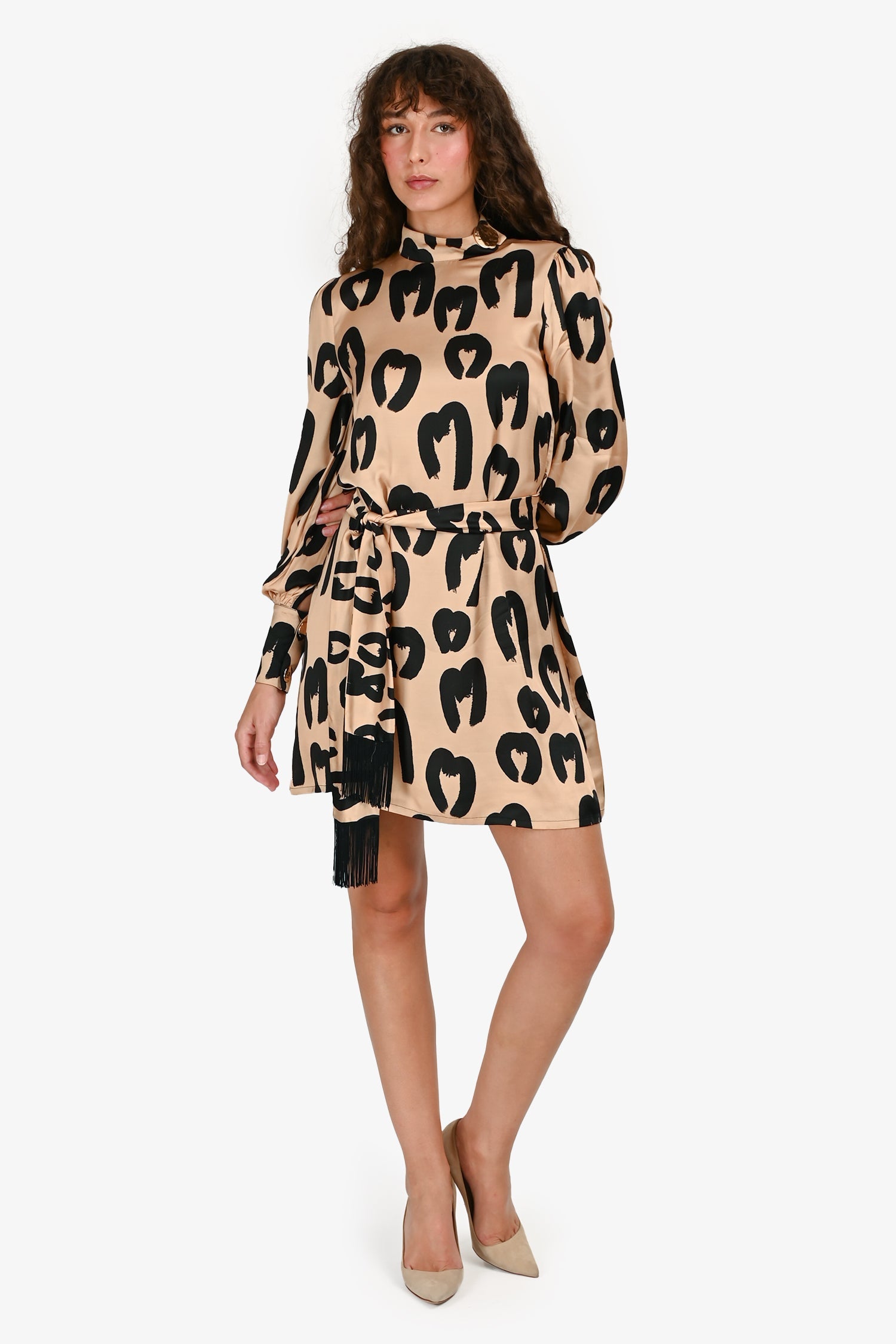 Mother of Pearl Beige Satin 'M' Printed Belted Mini Dress Size 2-4