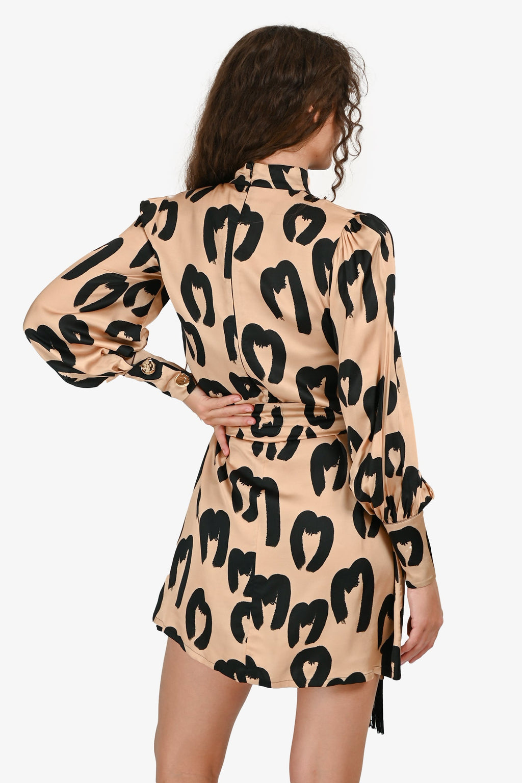 Mother of Pearl Beige Satin 'M' Printed Belted Mini Dress Size 2-4