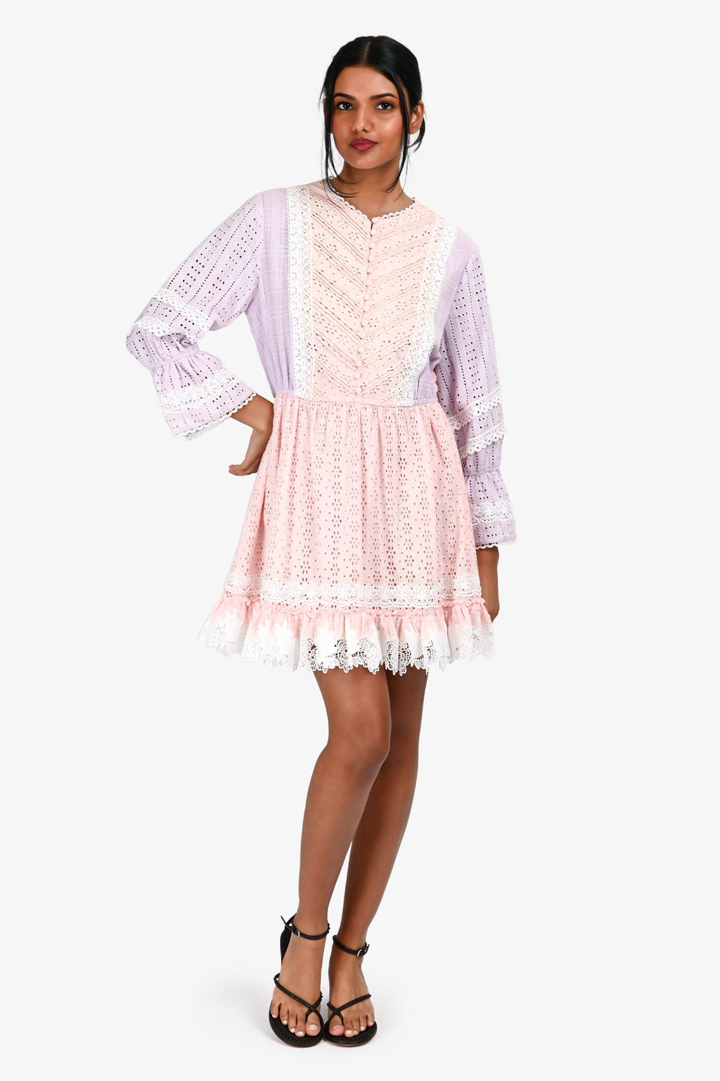 Hemant & Nandita Pink/Purple Lace Pattern Floral Cut-Out Long Sleeve Mini Dress Size M