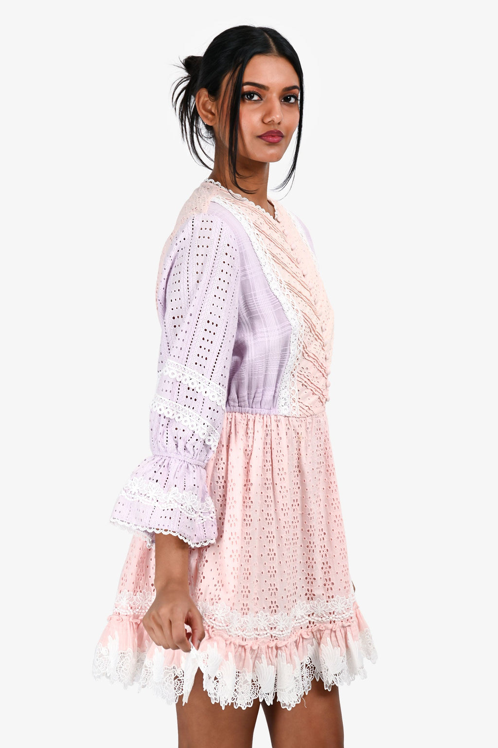 Hemant & Nandita Pink/Purple Lace Pattern Floral Cut-Out Long Sleeve Mini Dress Size M