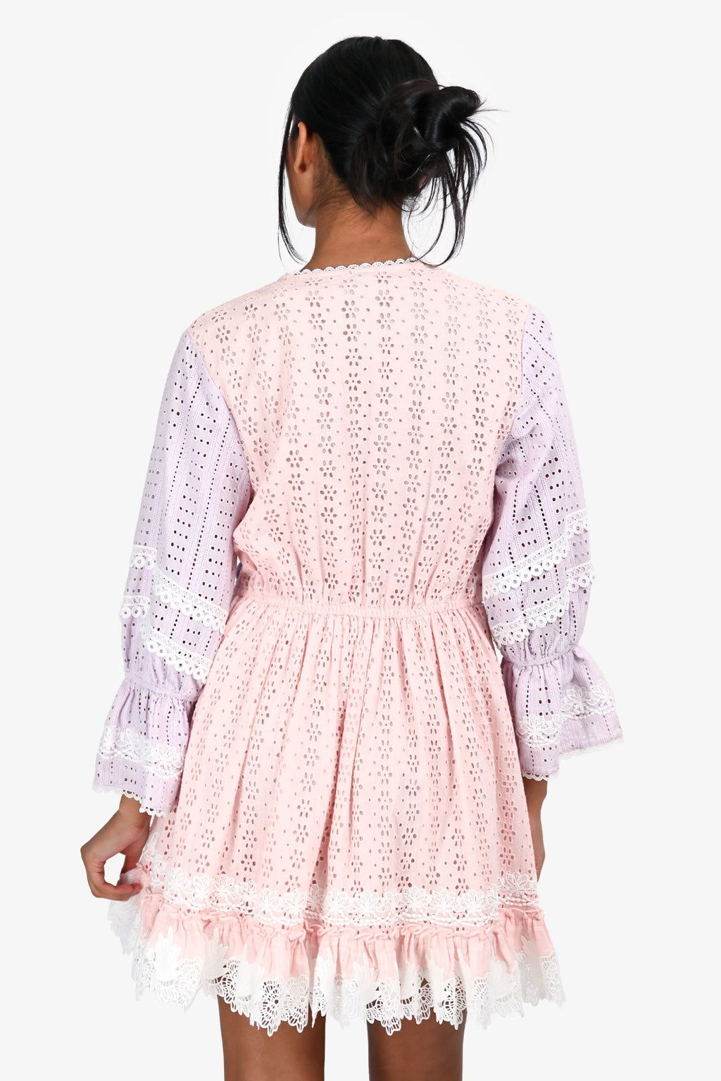 Hemant & Nandita Pink/Purple Lace Pattern Floral Cut-Out Long Sleeve Mini Dress Size M