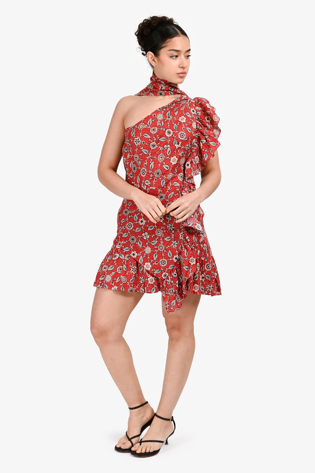 Étoile Isabel Marant Red Linen Belted Floral Print One-Shoulder Sleeveless Mini Dress With Ruffle Detail Size 40