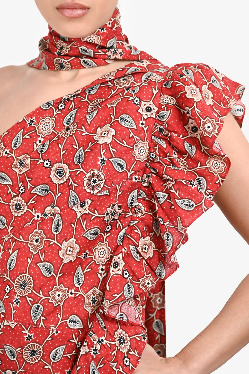 Étoile Isabel Marant Red Linen Belted Floral Print One-Shoulder Sleeveless Mini Dress With Ruffle Detail Size 40