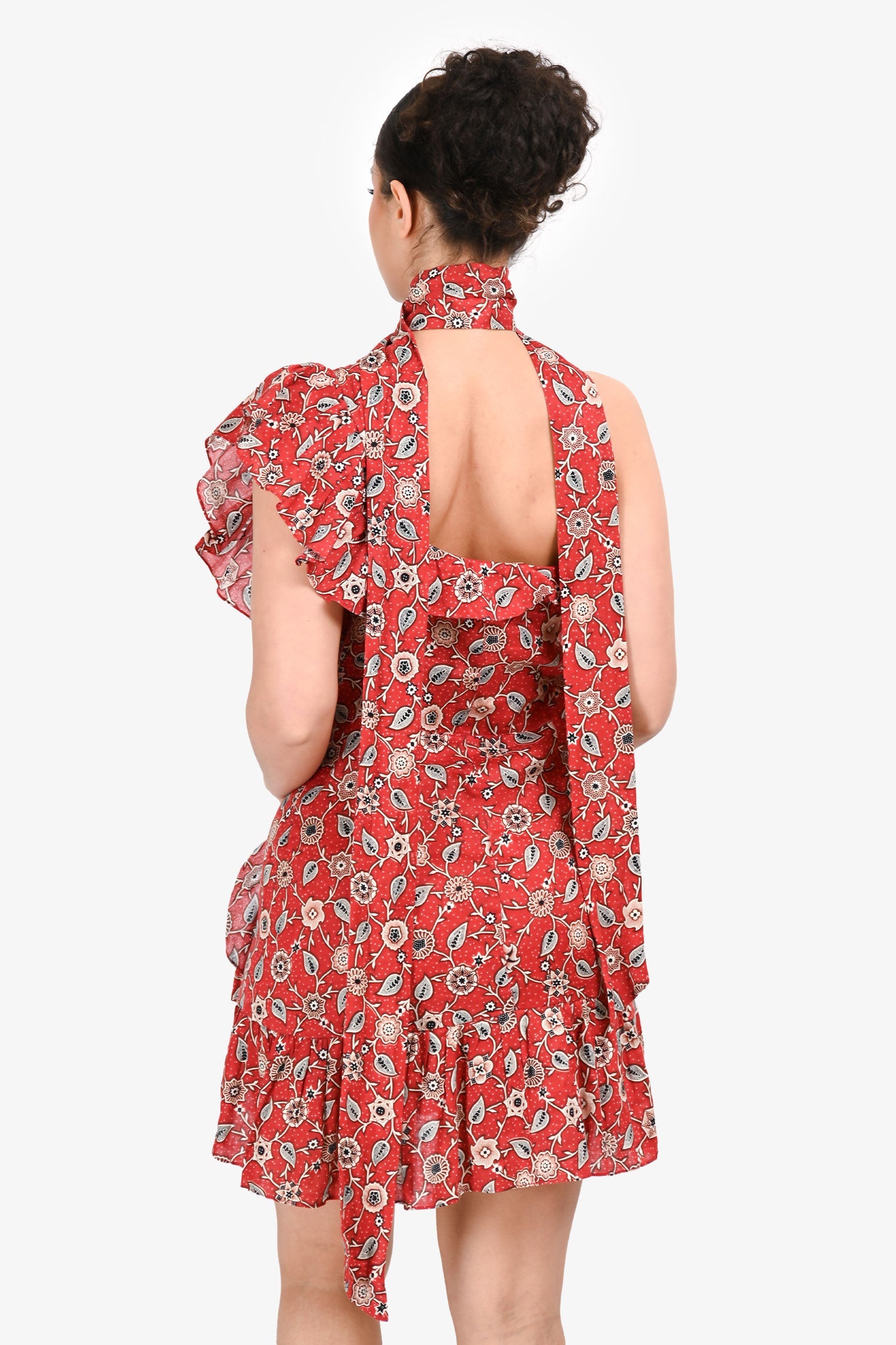 Étoile Isabel Marant Red Linen Belted Floral Print One-Shoulder Sleeveless Mini Dress With Ruffle Detail Size 40