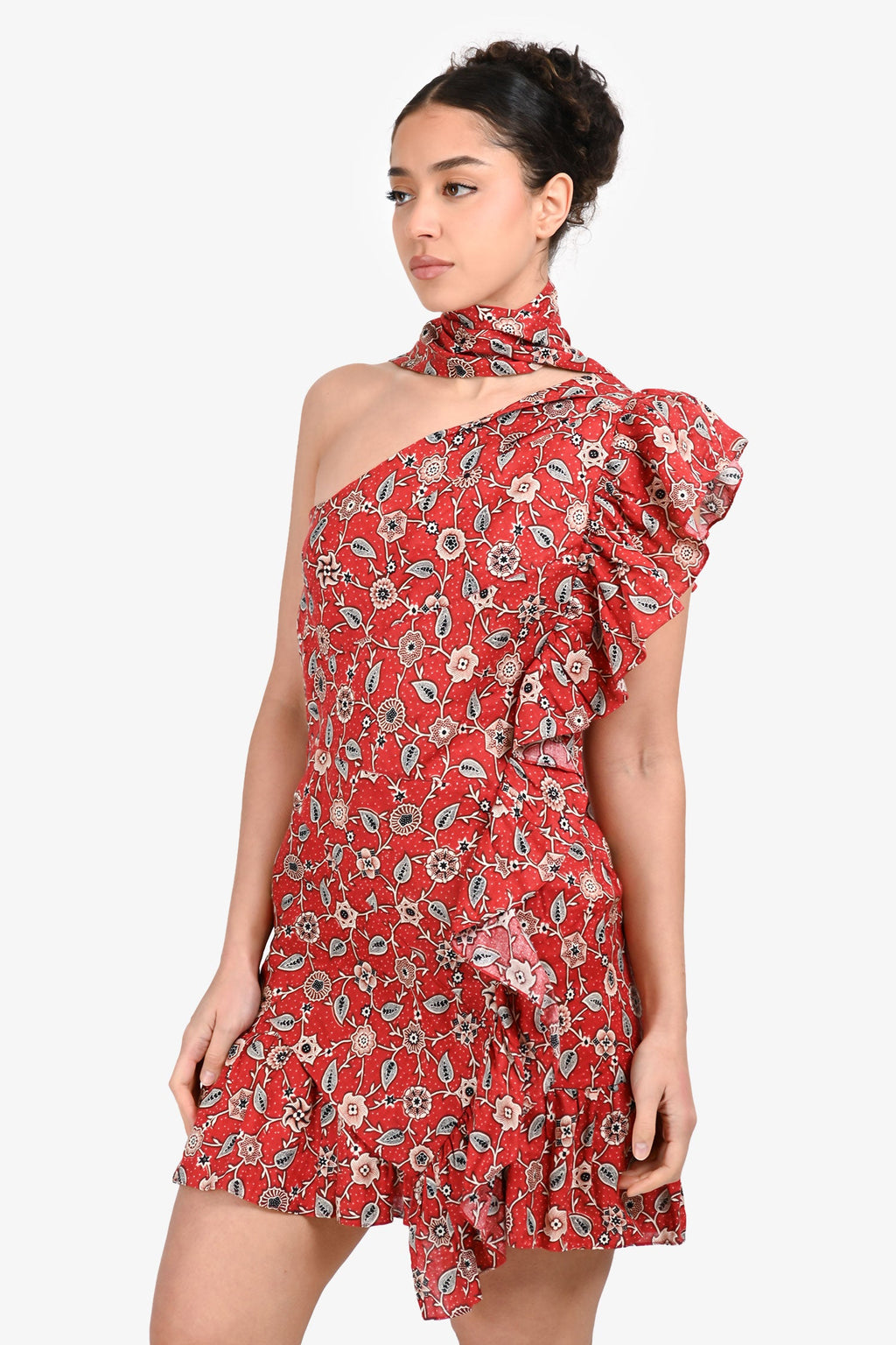 Étoile Isabel Marant Red Linen Belted Floral Print One-Shoulder Sleeveless Mini Dress With Ruffle Detail Size 40