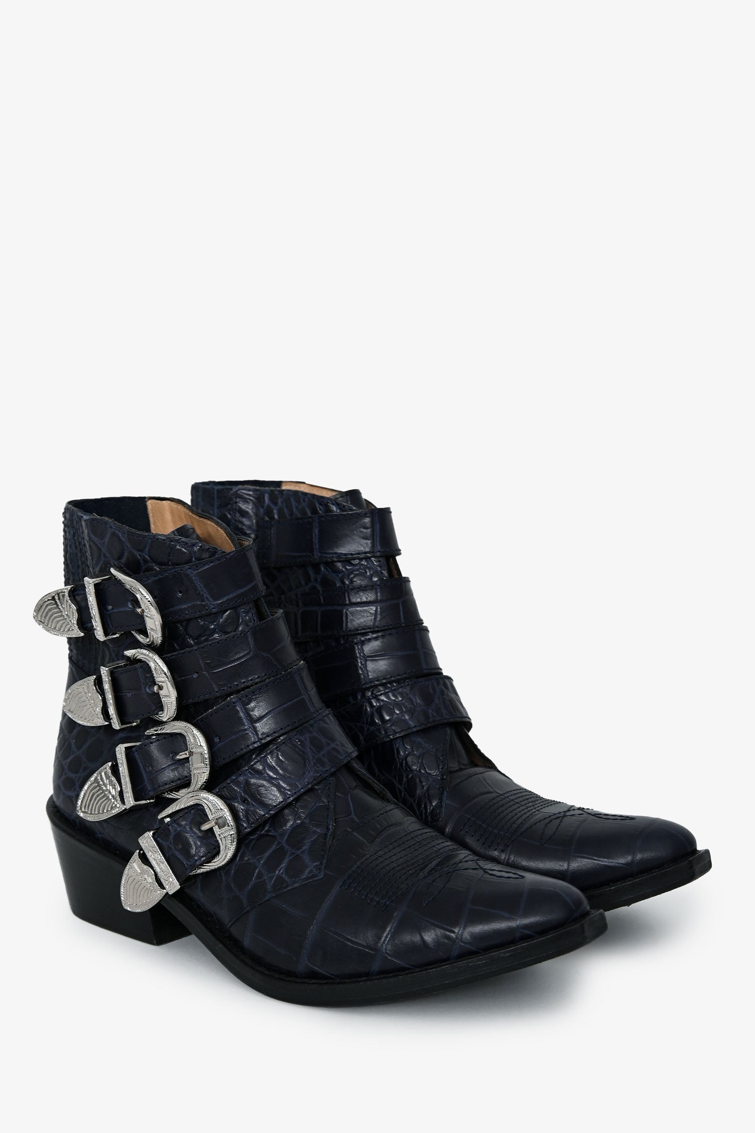 Toga Pulla Blue Embossed Leather Western Buckle Boots Size 36