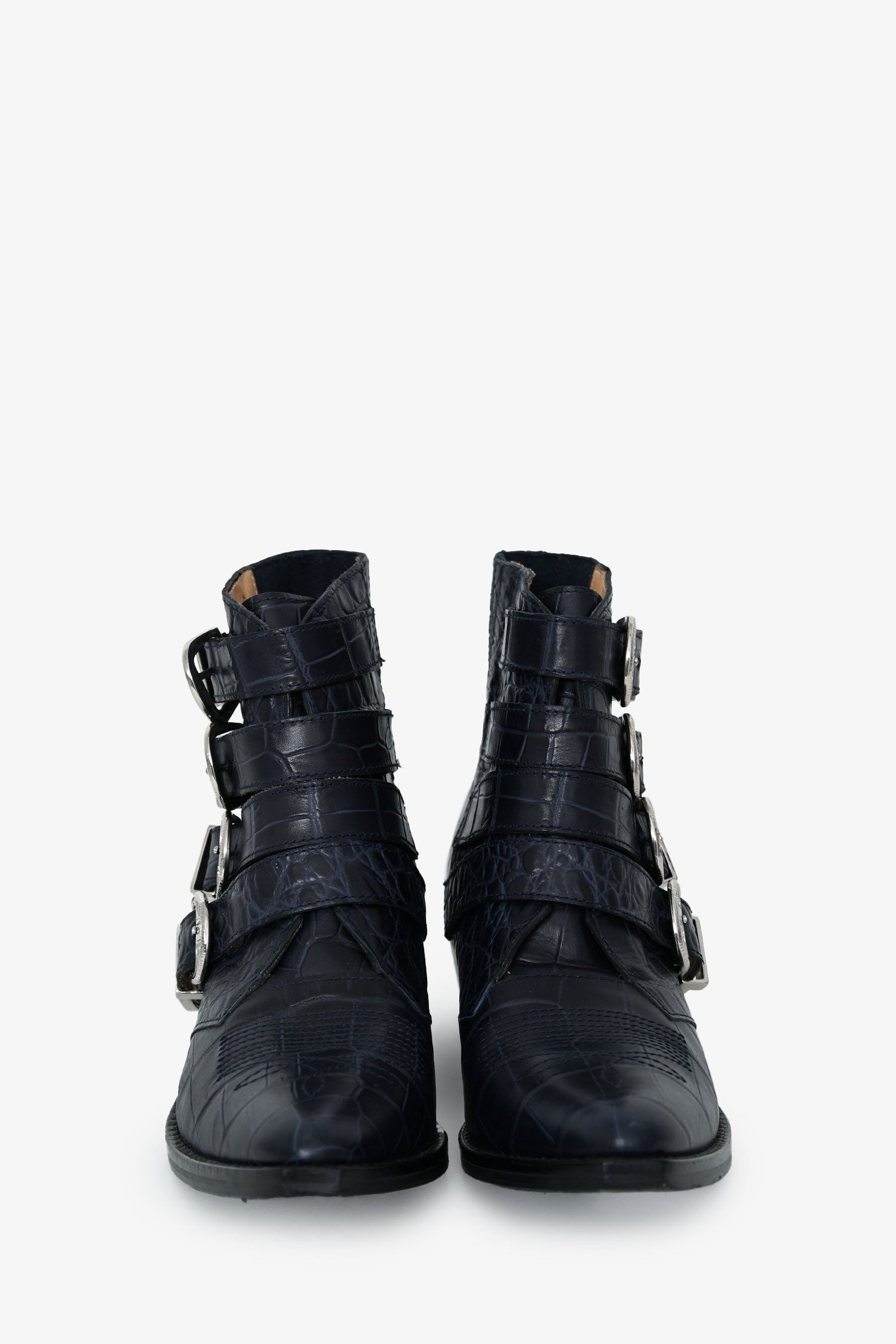 Toga Pulla Blue Embossed Leather Western Buckle Boots Size 36