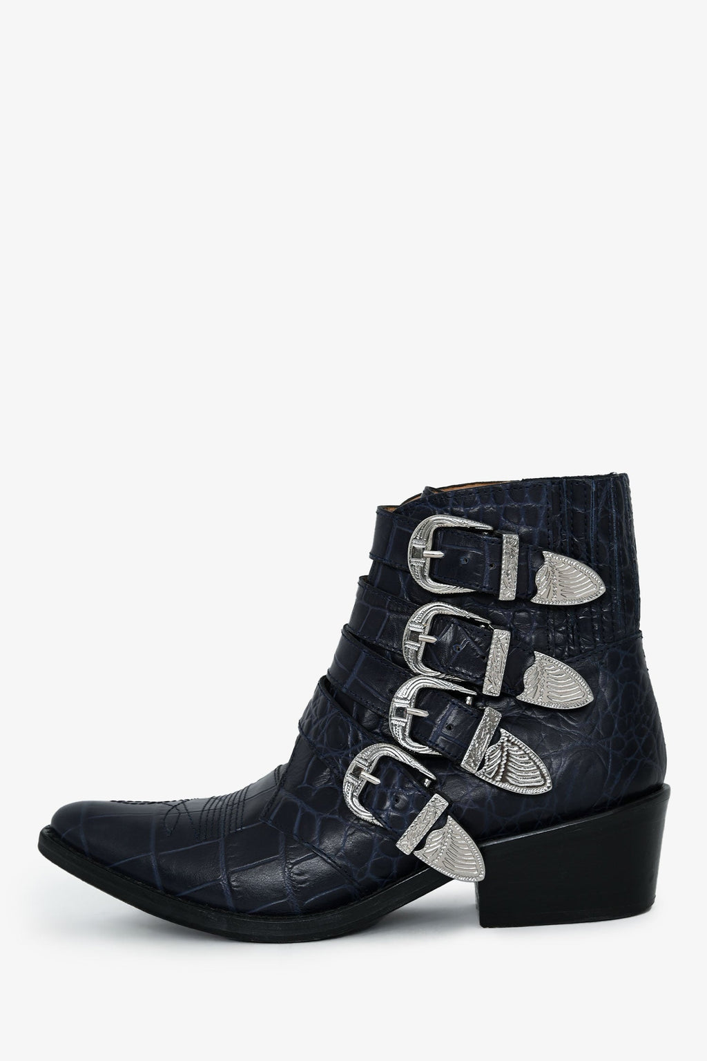Toga Pulla Blue Embossed Leather Western Buckle Boots Size 36