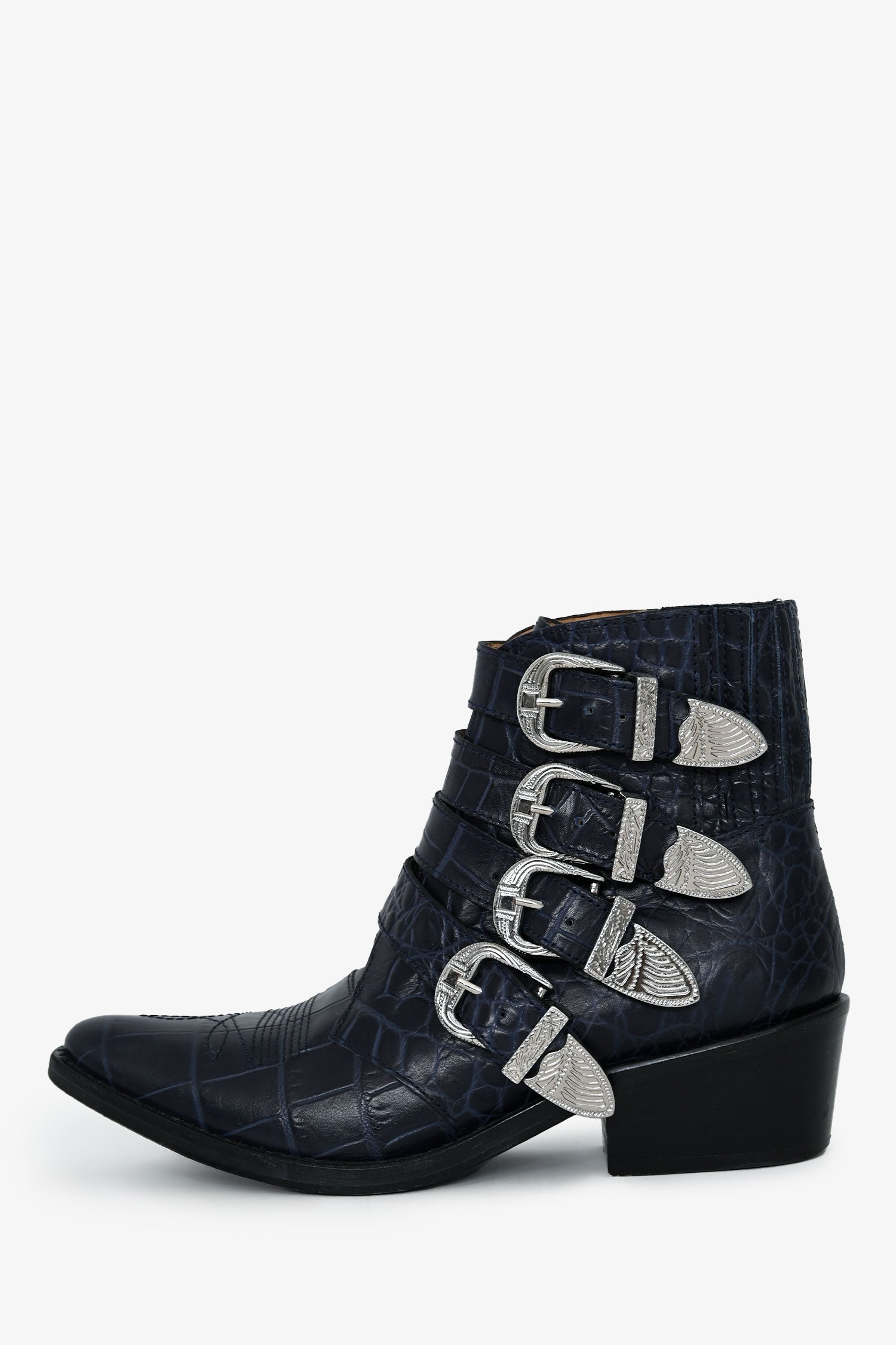 Toga Pulla Blue Embossed Leather Western Buckle Boots Size 36