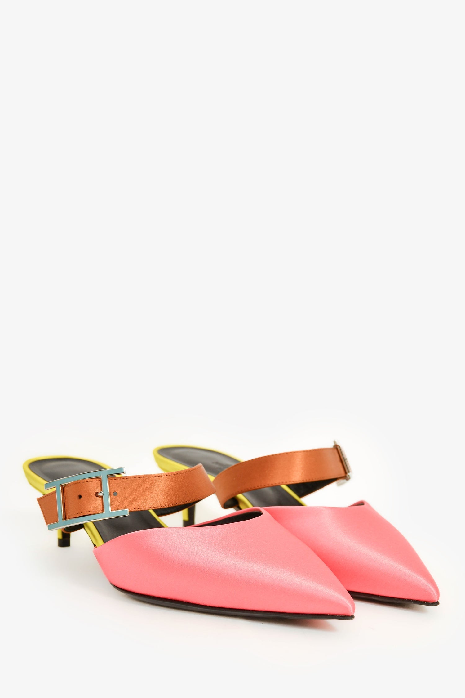 Hermès Pink/Yellow/Brown Satin Pointed Kitten Heels Size 37