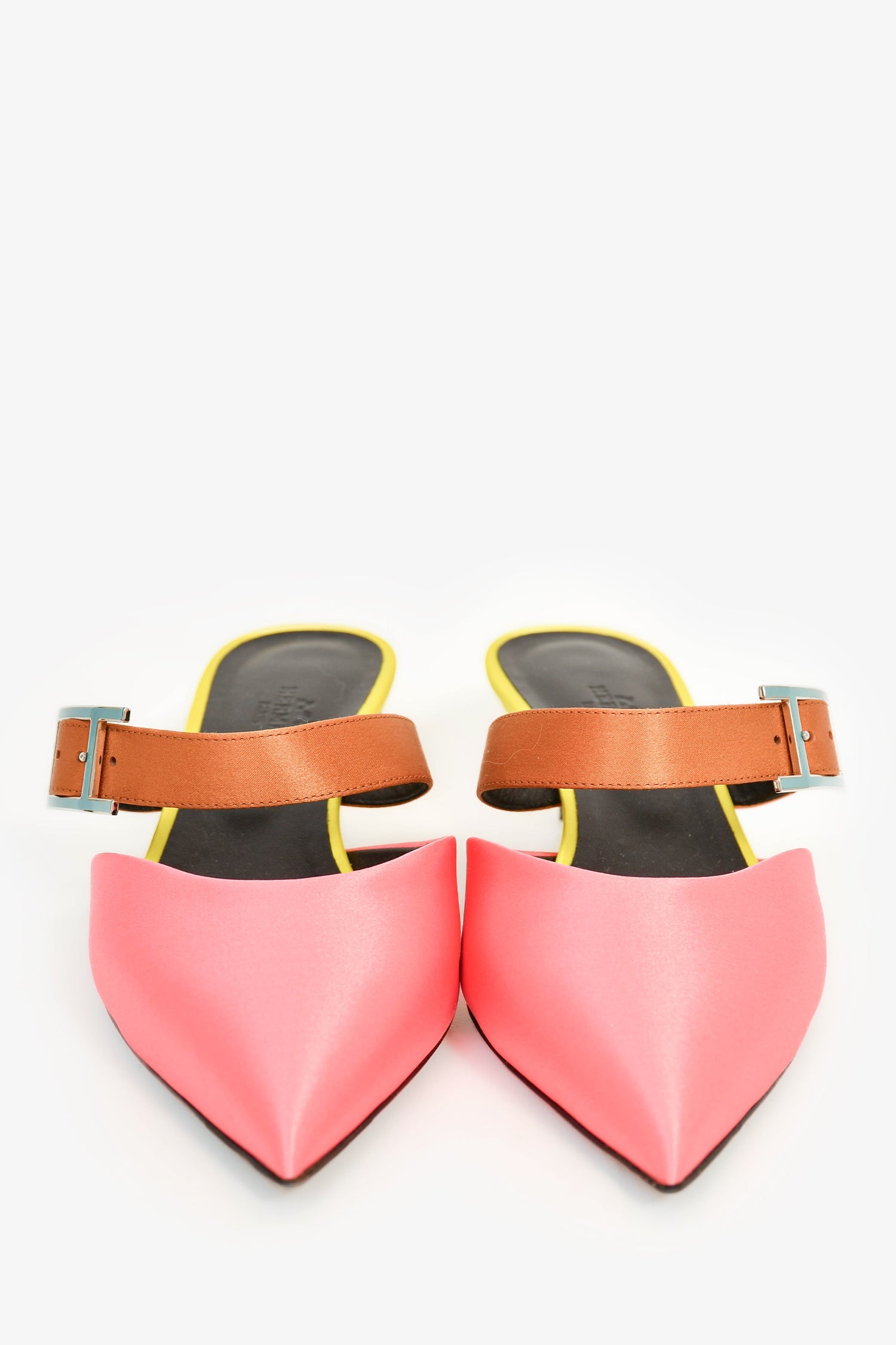 Hermès Pink/Yellow/Brown Satin Pointed Kitten Heels Size 37