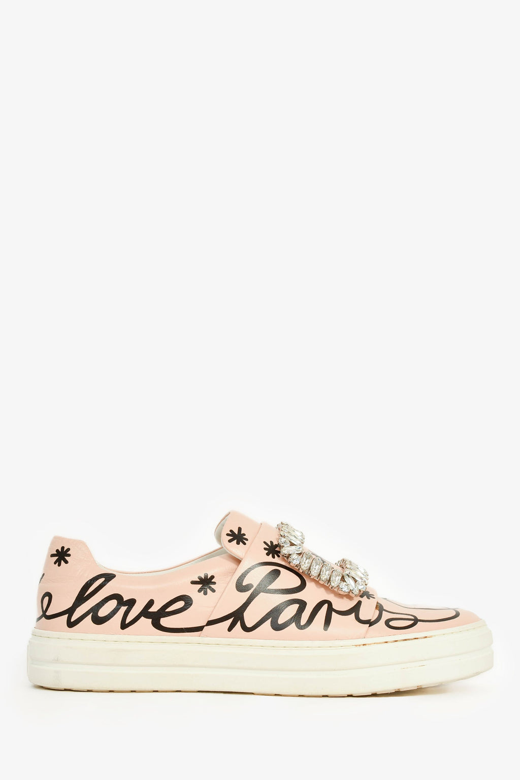 Roger Vivier Pink Leather Crystal Buckle Black Printed Sneakers Size 37
