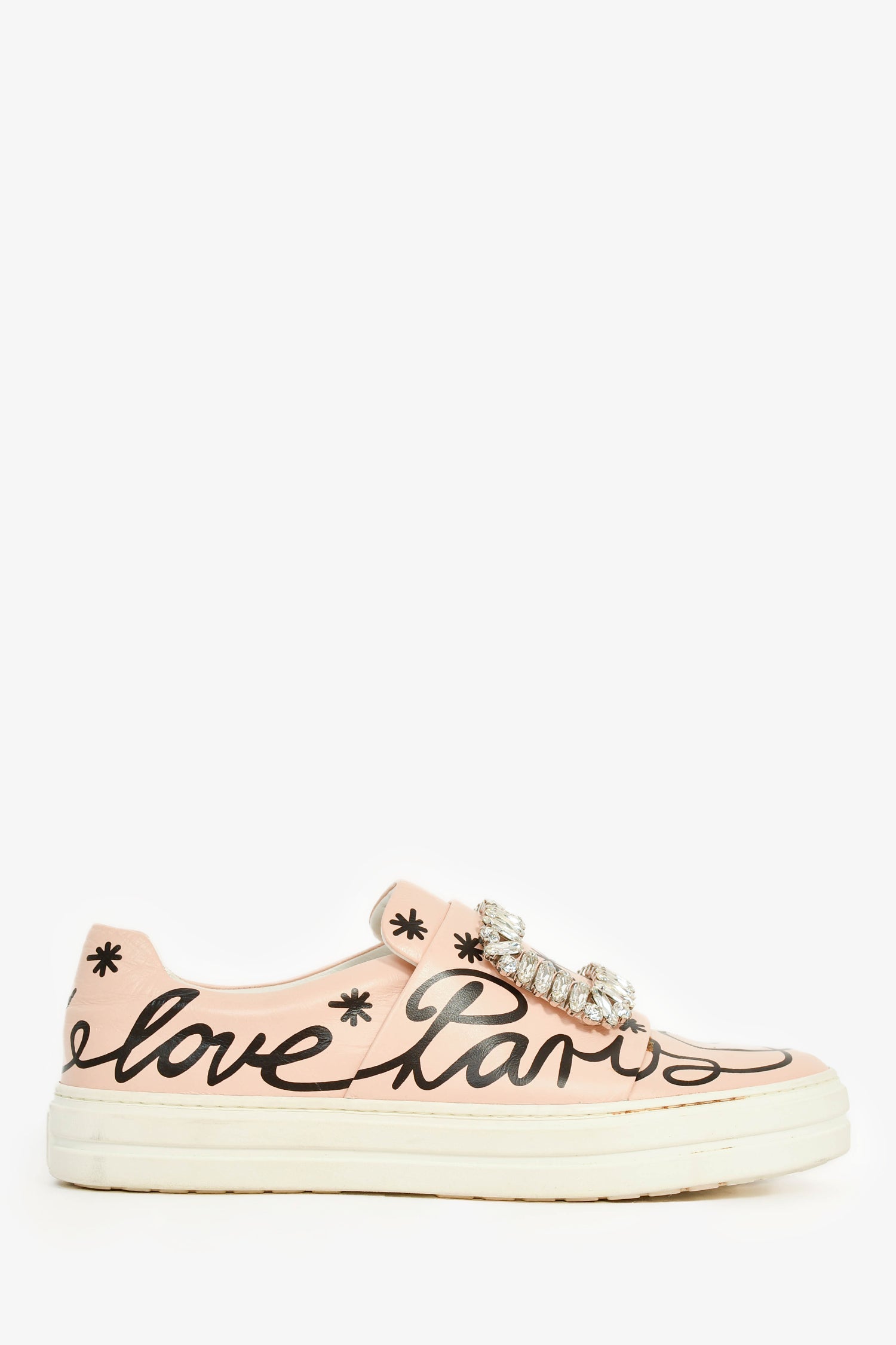 Roger Vivier Pink Leather Crystal Buckle Black Printed Sneakers Size 37