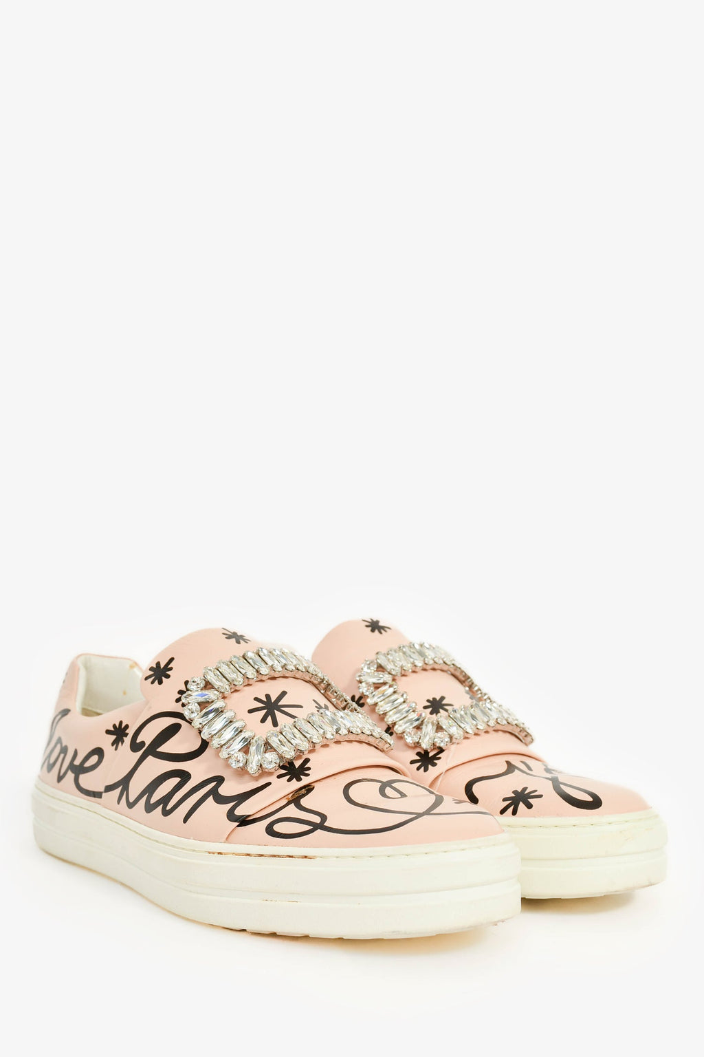 Roger Vivier Pink Leather Crystal Buckle Black Printed Sneakers Size 37