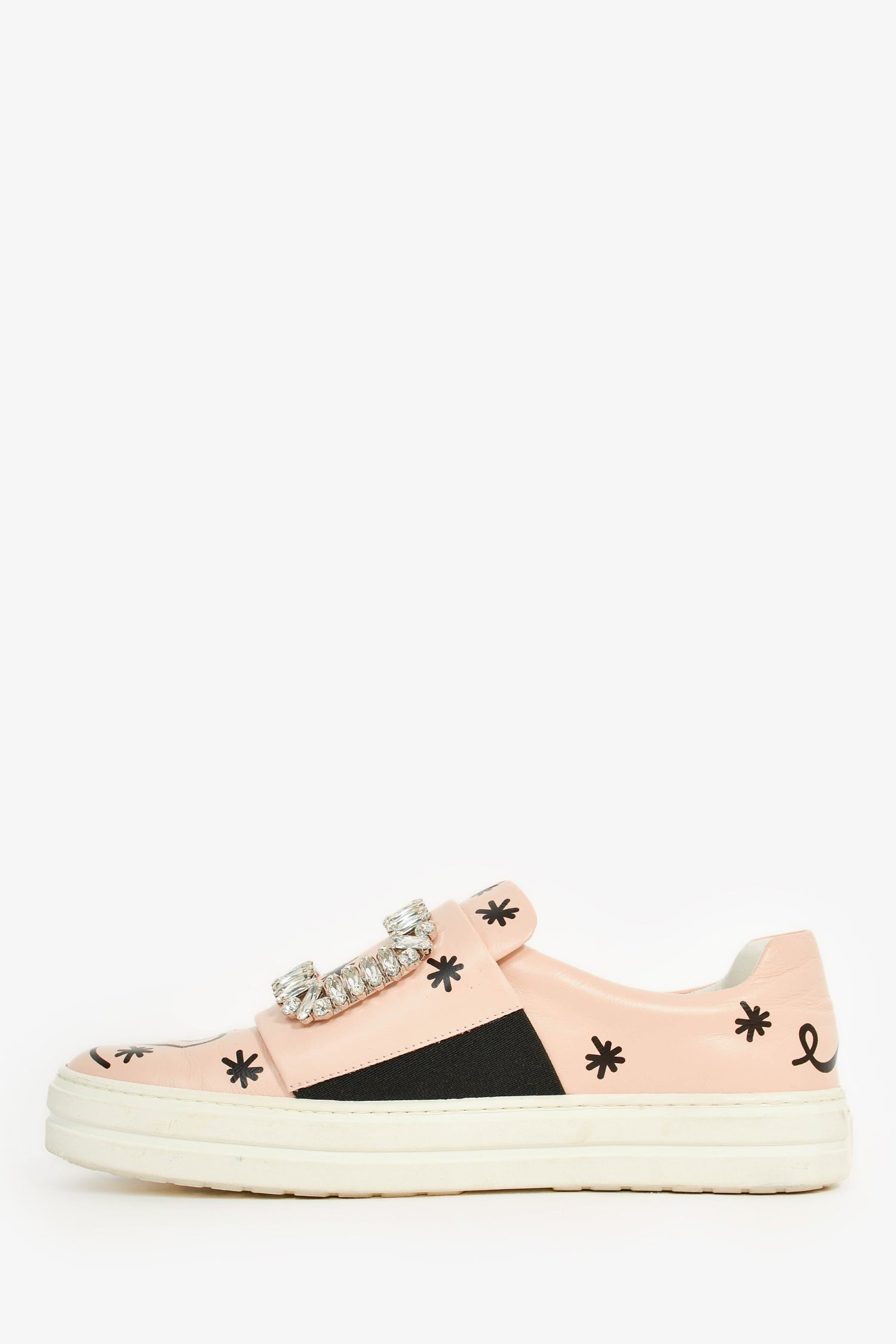 Roger Vivier Pink Leather Crystal Buckle Black Printed Sneakers Size 37