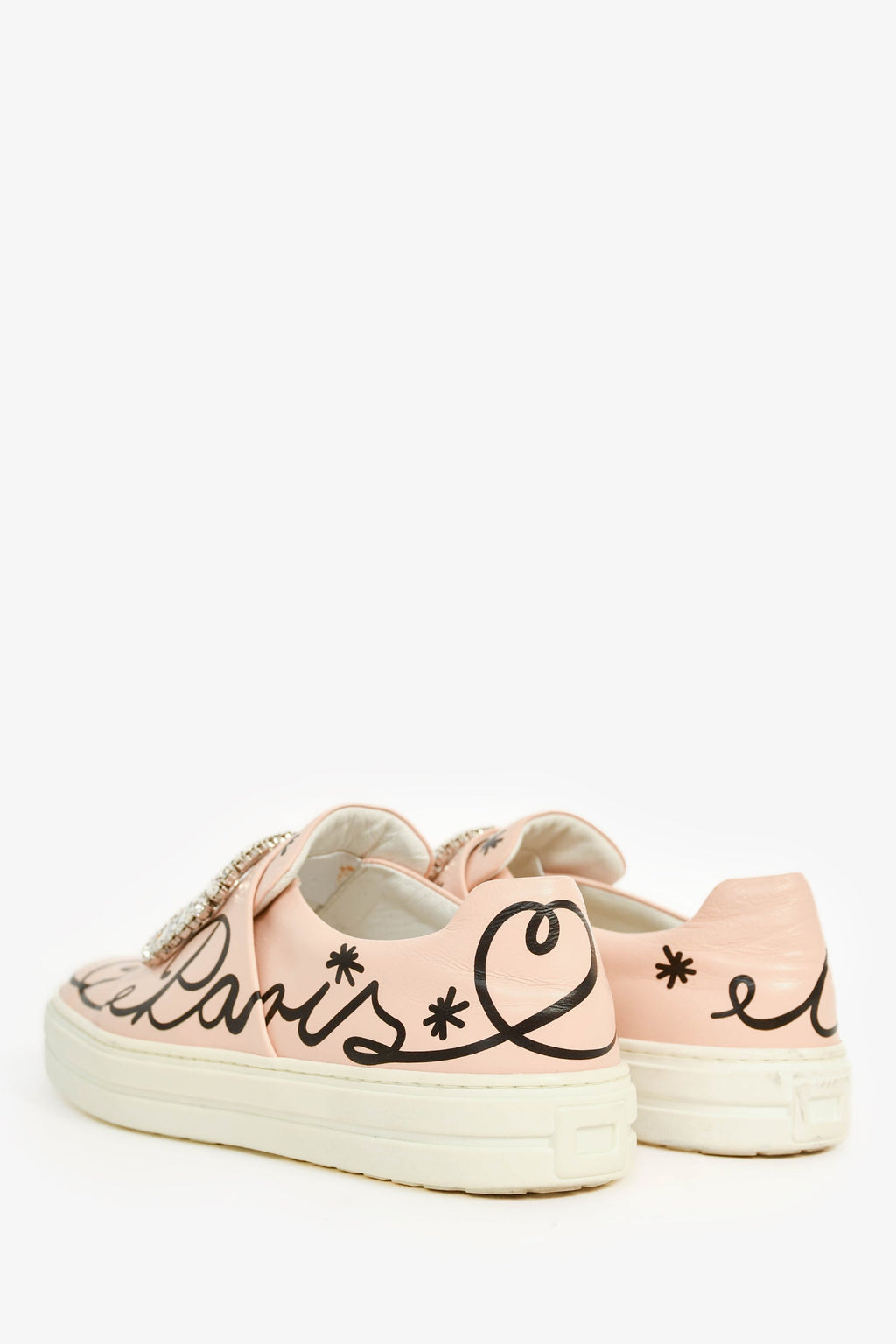 Roger Vivier Pink Leather Crystal Buckle Black Printed Sneakers Size 37