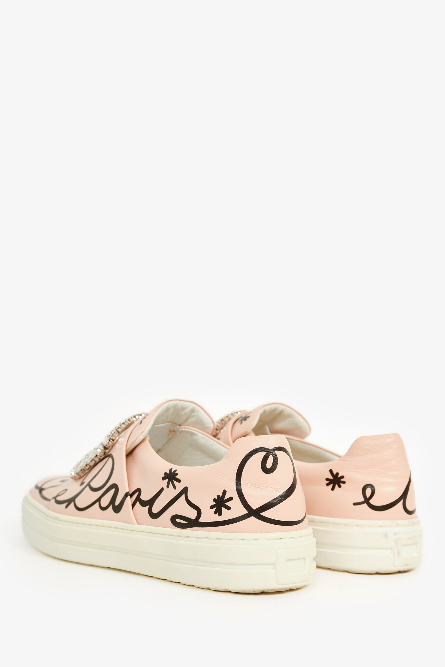 Roger Vivier Pink Leather Crystal Buckle Black Printed Sneakers Size 37
