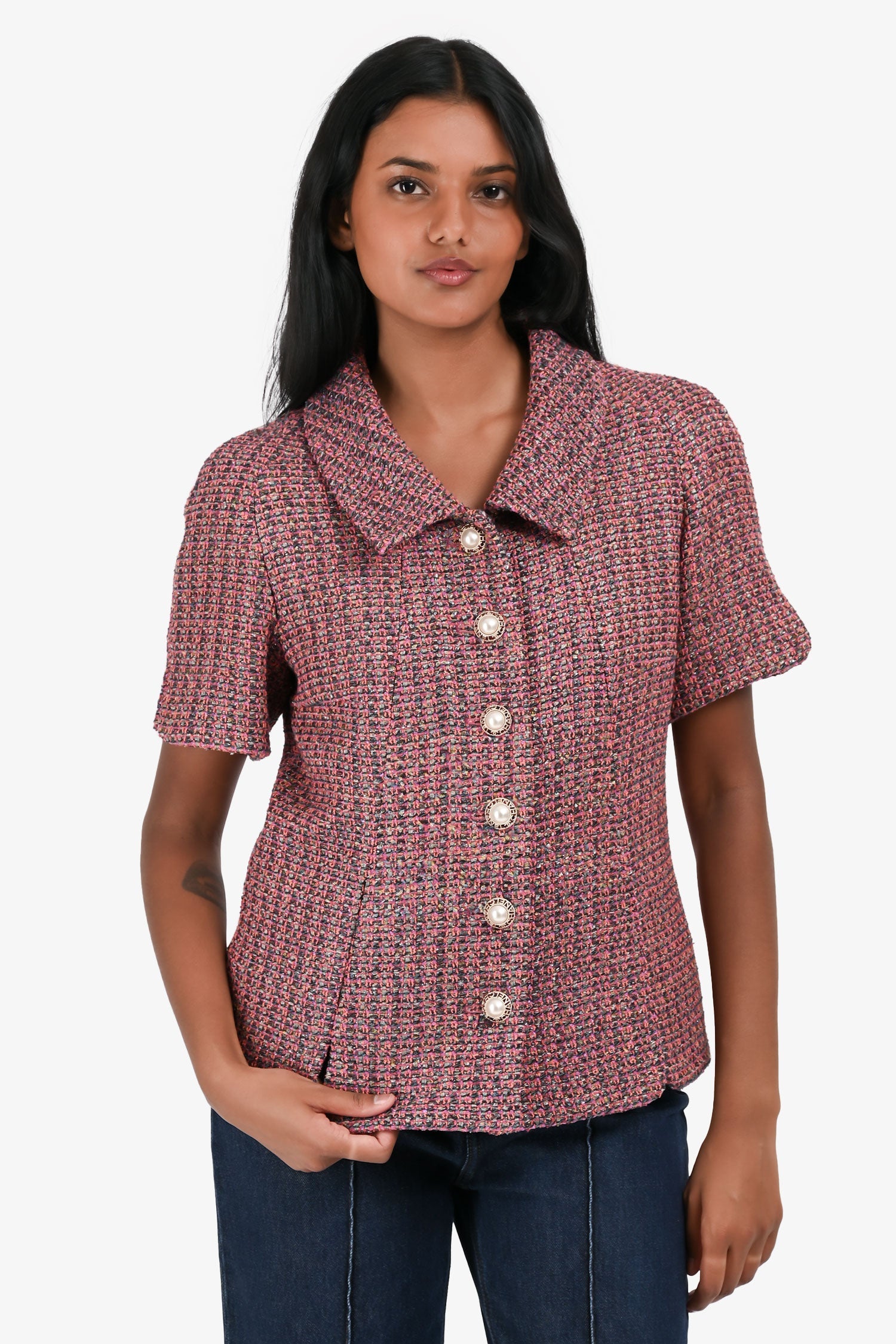 Pre-Loved Chanel™ Pink/Orange Metallic Tweed Short Sleeve Faux Pearl Logo Button Jacket Size 40