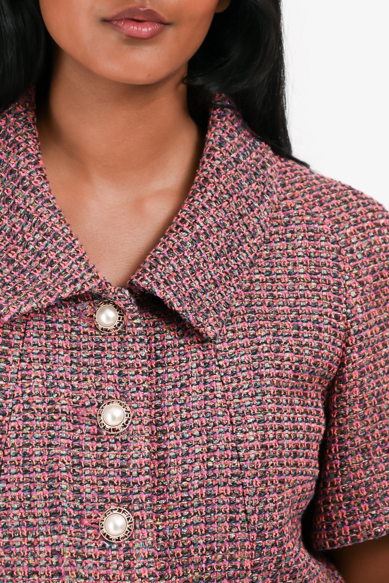 Pre-Loved Chanel™ Pink/Orange Metallic Tweed Short Sleeve Faux Pearl Logo Button Jacket Size 40