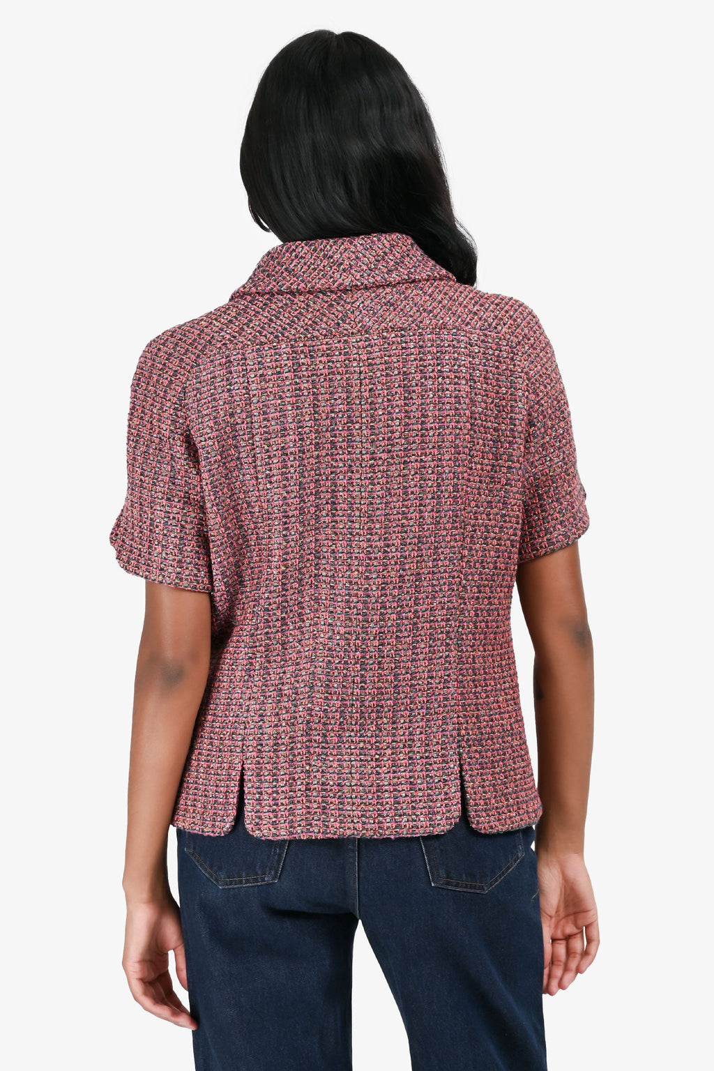 Pre-Loved Chanel™ Pink/Orange Metallic Tweed Short Sleeve Faux Pearl Logo Button Jacket Size 40