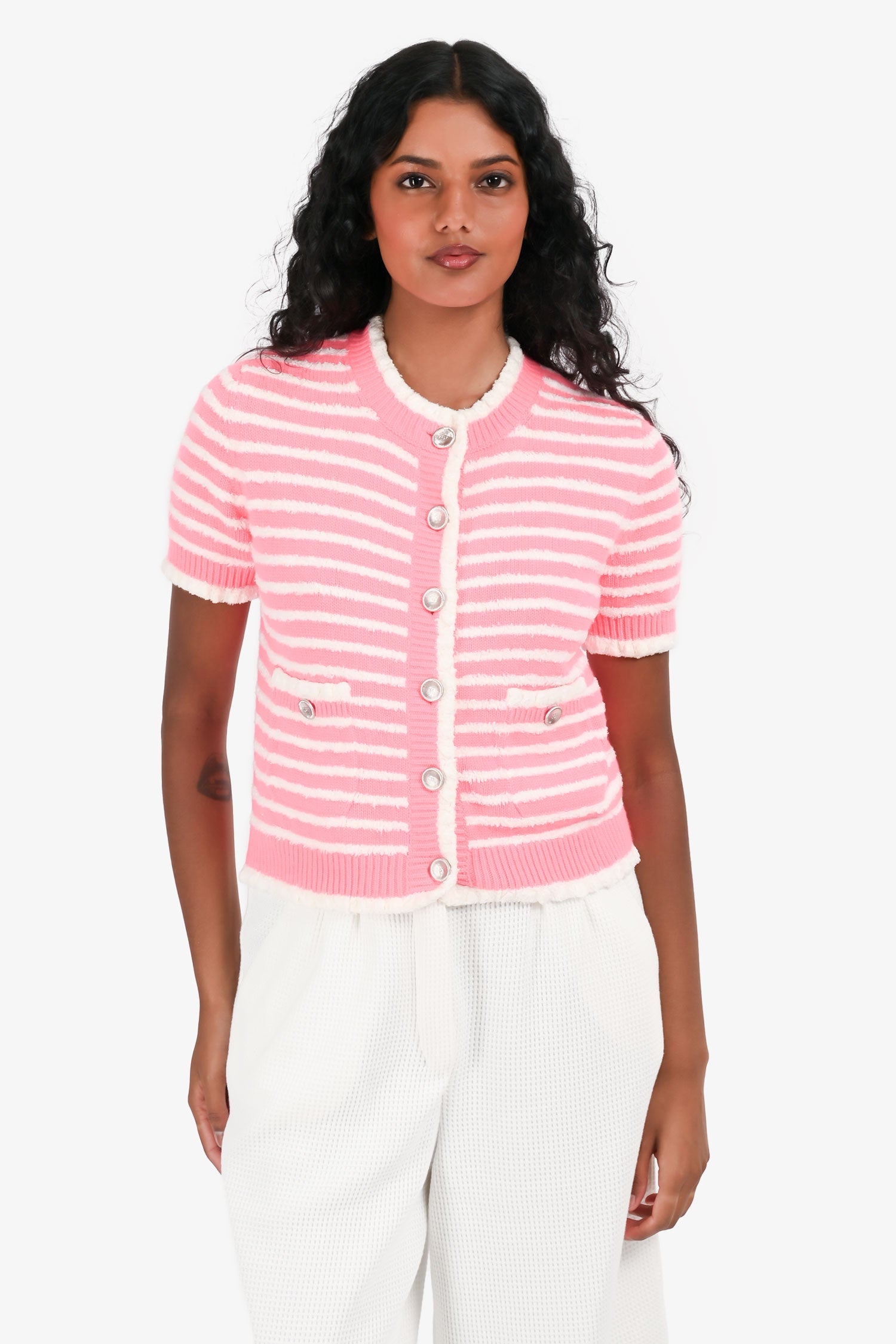 Pre-Loved Chanel™ Pink/White Striped Cotton Knit Short Sleeve CC Button igan Size 36