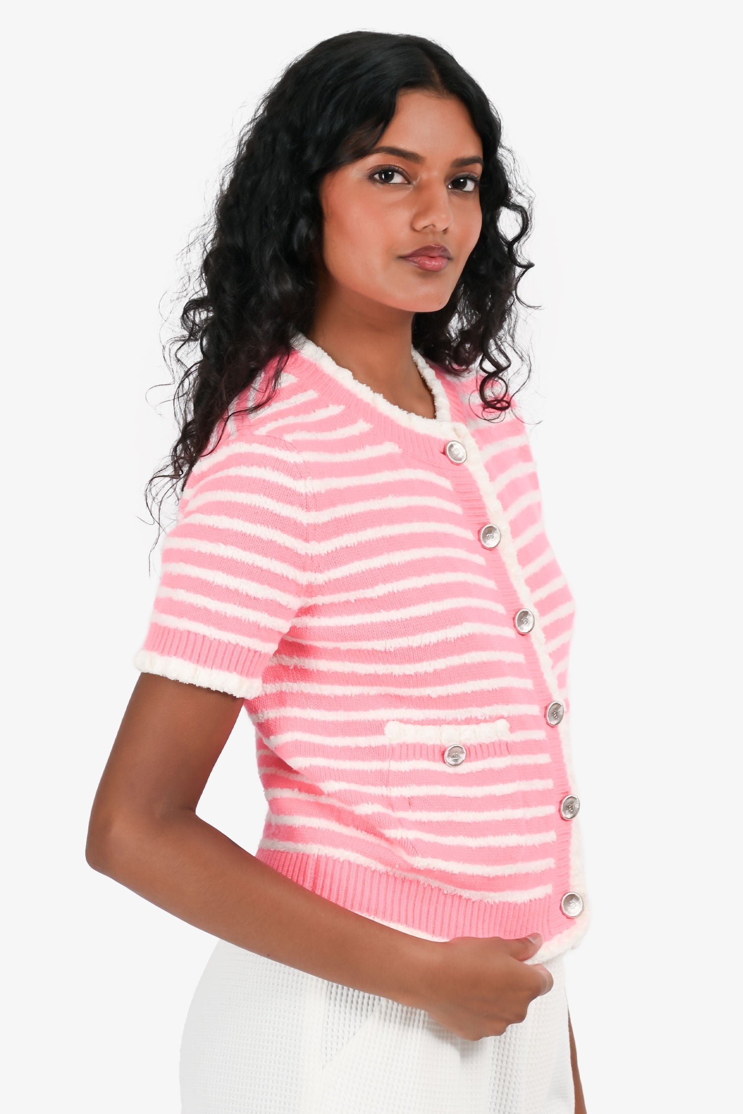 Pre-Loved Chanel™ Pink/White Striped Cotton Knit Short Sleeve CC Button igan Size 36